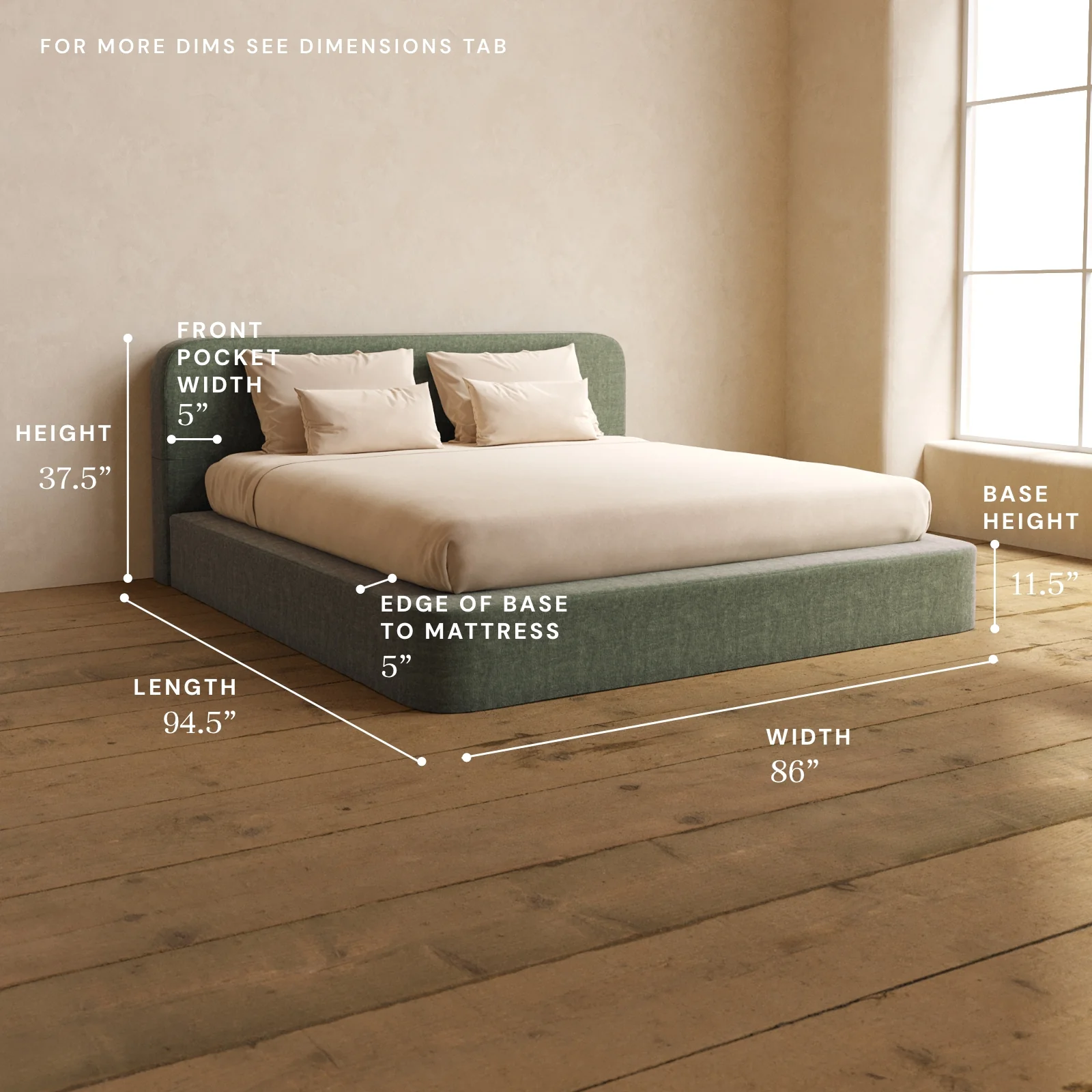King Upholstered Platform Bed + Headboard | Heirloom Velvet in Willow - Image 5