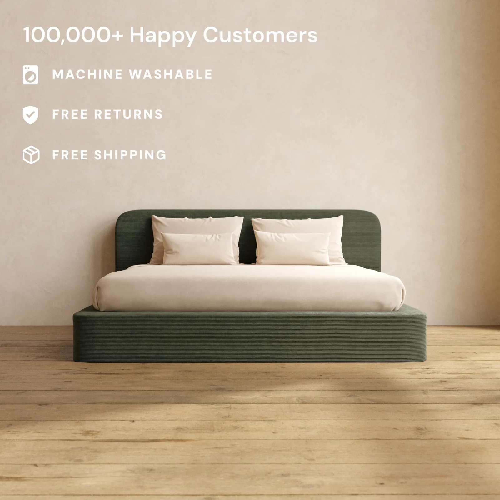 King Upholstered Platform Bed + Headboard | Luxe Corduroy in Olivine - Image 2