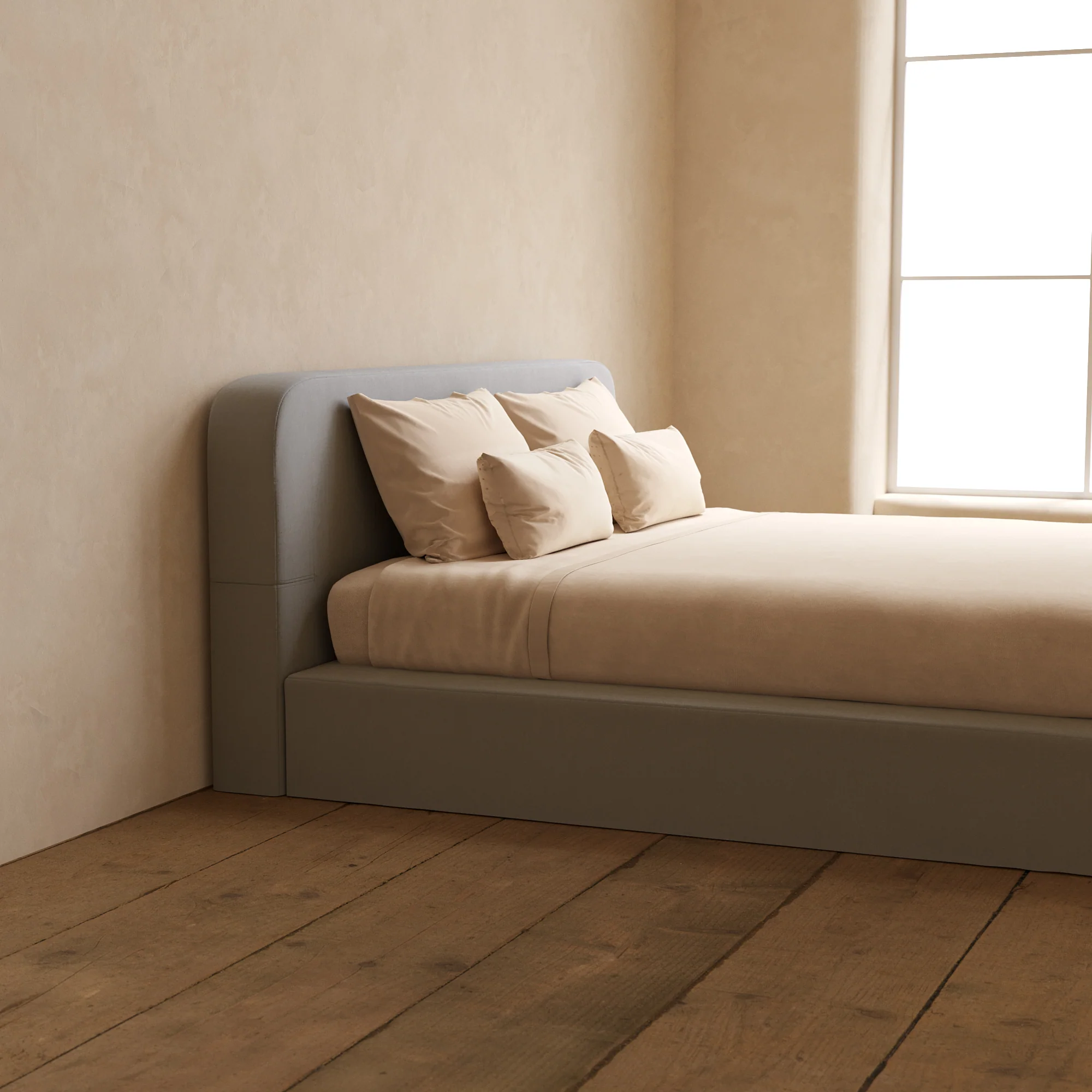 King Upholstered Platform Bed + Headboard | Micro Chenille in Pumice - Image 7
