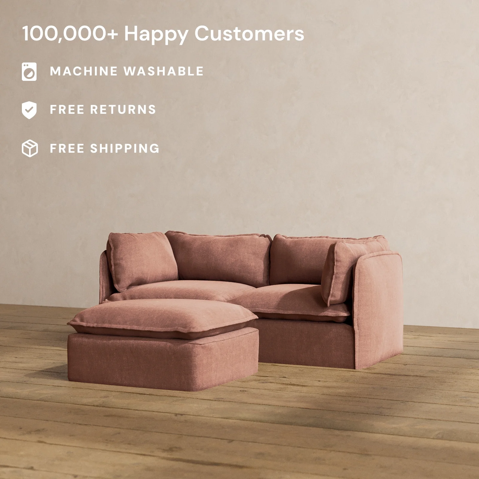 Modular Washable 2-Seater + Ottoman in Chestnut | Deluxe+ Seat | Cloud Pillow - Image 2