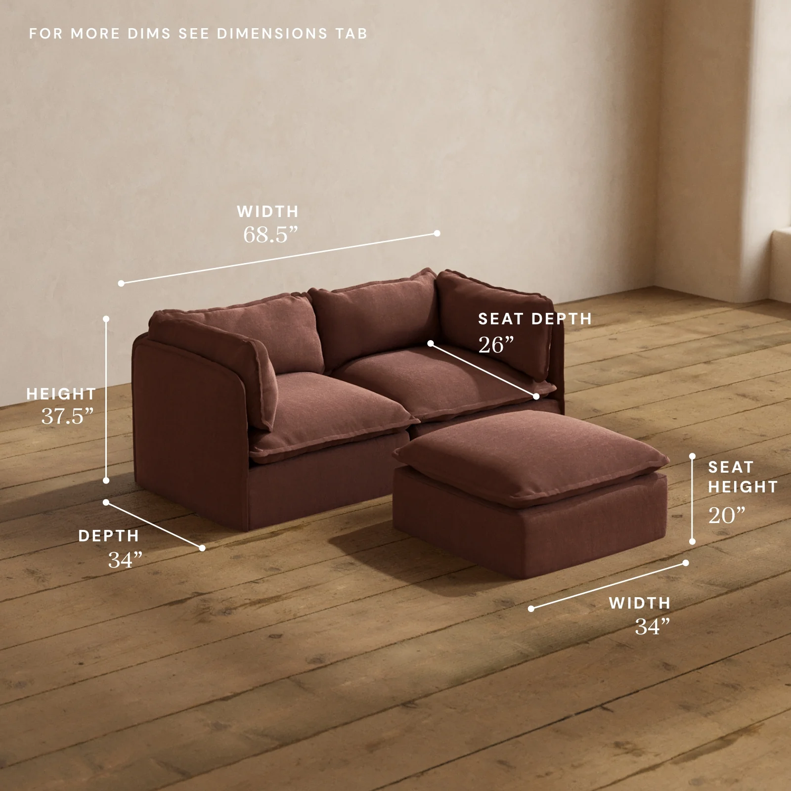 Modular Washable 2-Seater + Ottoman in Chestnut | Memorix+ Seat | Contour Pillow - Image 5