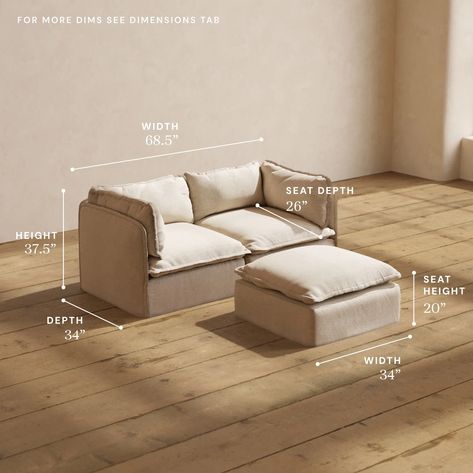 Modular Washable 2-Seater + Ottoman in Oat | Deluxe+ Seat | Cloud Pillow - Image 5