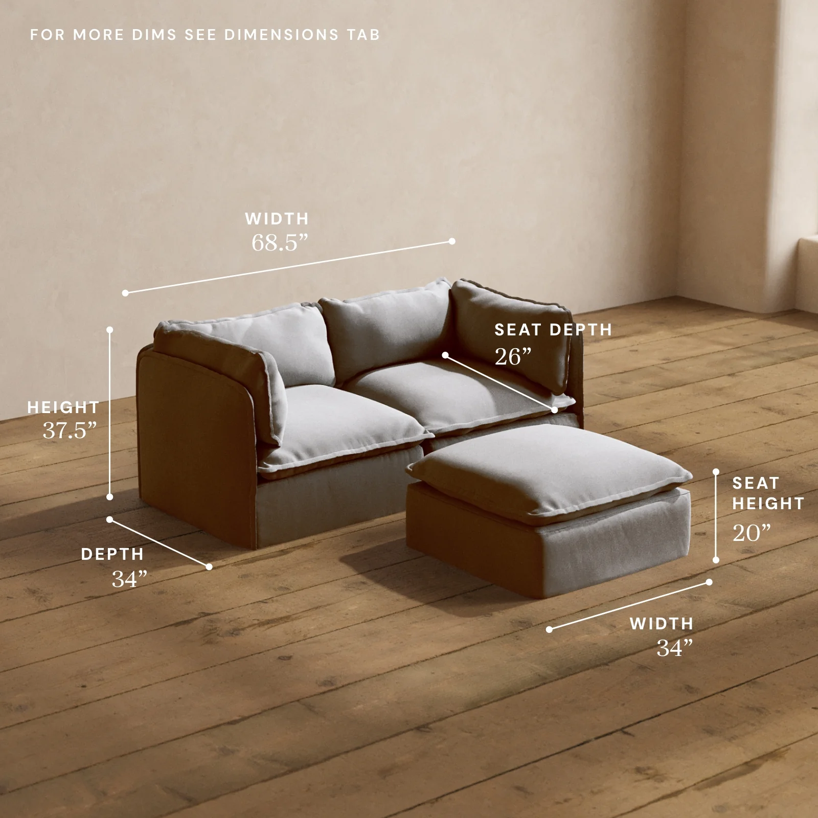 Modular Washable 2-Seater + Ottoman in Pumice | Deluxe+ Seat | Cloud Pillow - Image 5