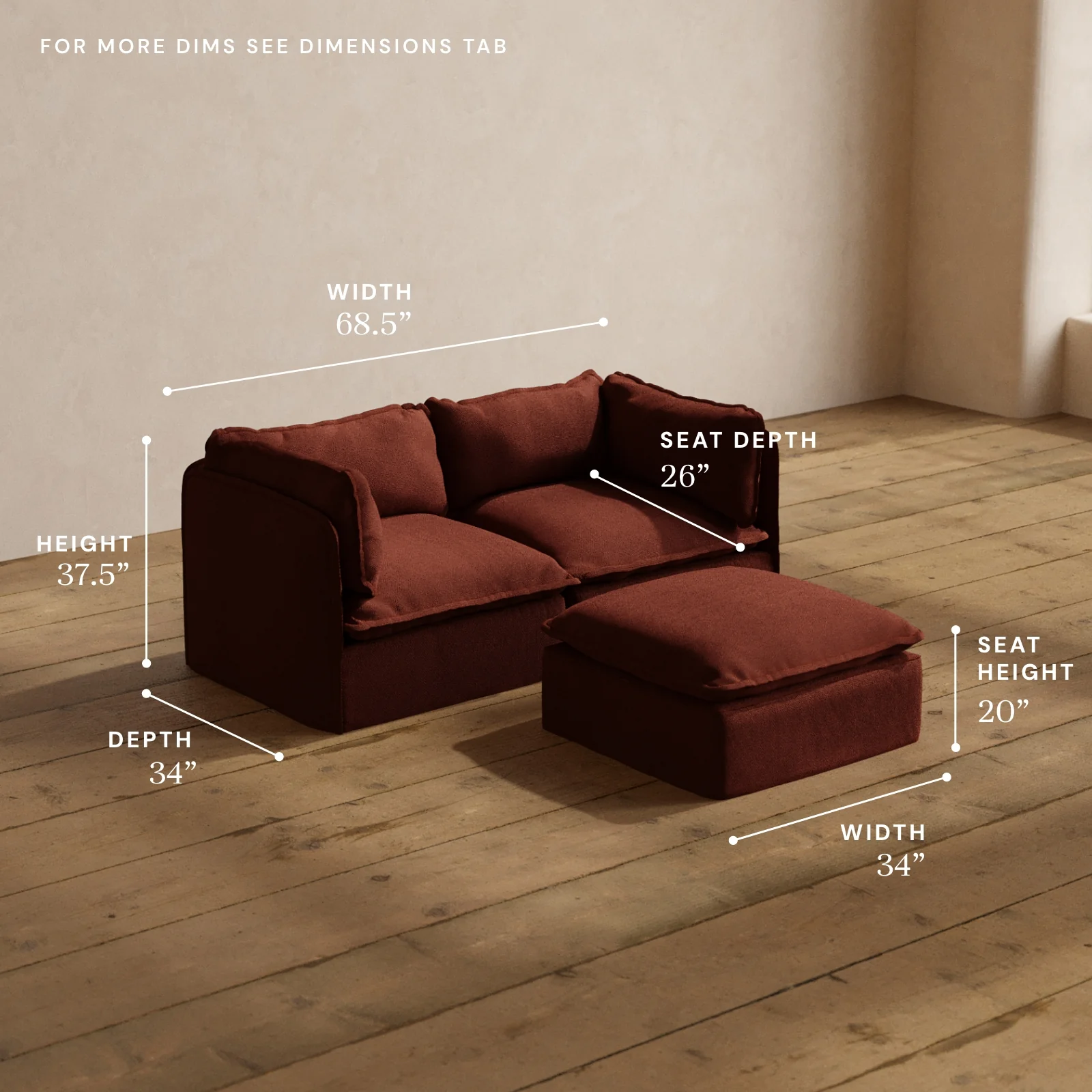 Modular Washable 2-Seater + Ottoman in Rust | Deluxe+ Seat | Cloud Pillow - Image 5