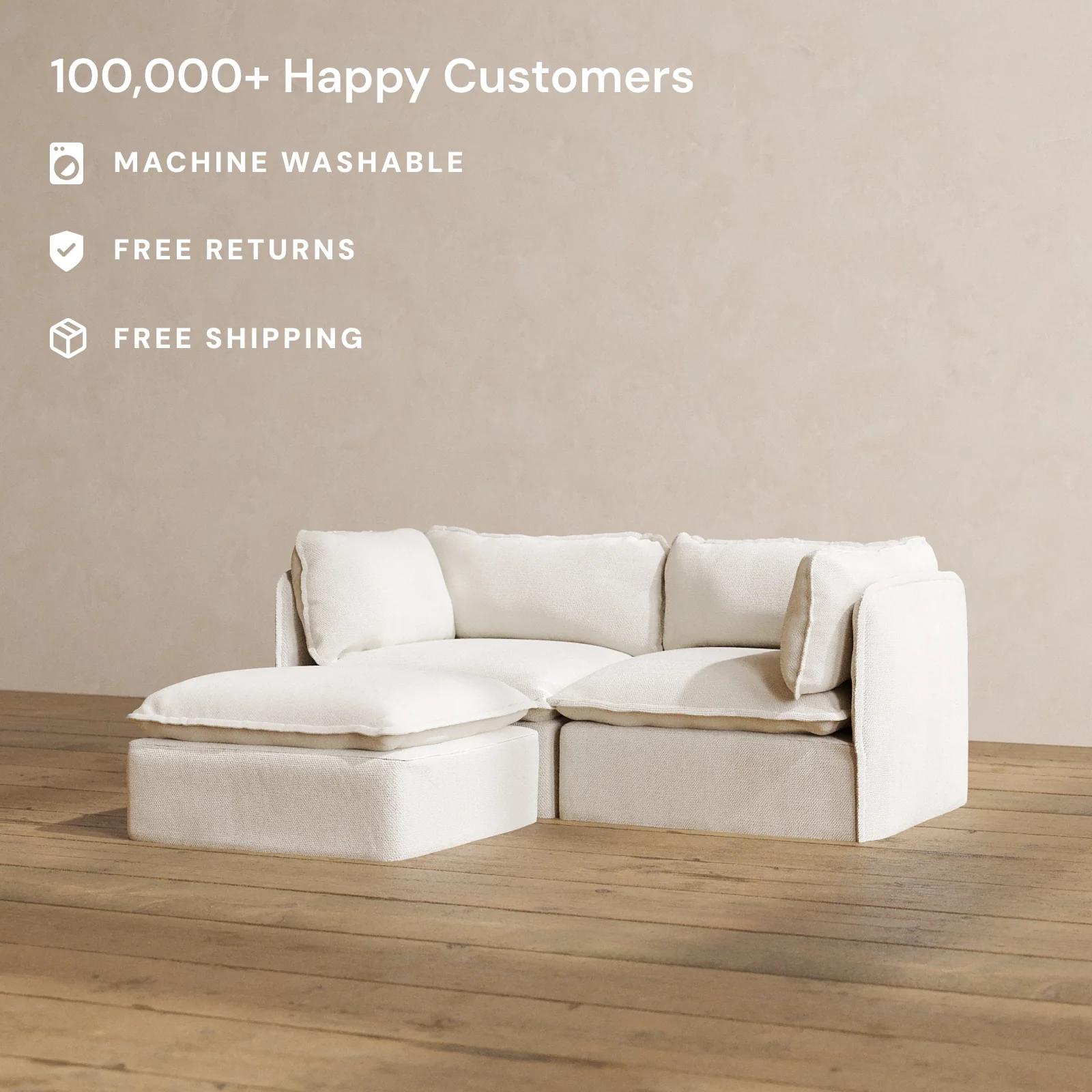 Modular Washable 2-Seater Sectional in Powder | Deluxe+ Seat | Cloud Pillow - Image 2