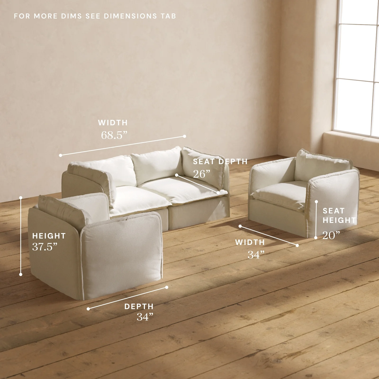 Modular Washable 2-Seater Sofa + Armchair Set in Eggshell | Deluxe+ Seat | Cloud Pillow - Image 5