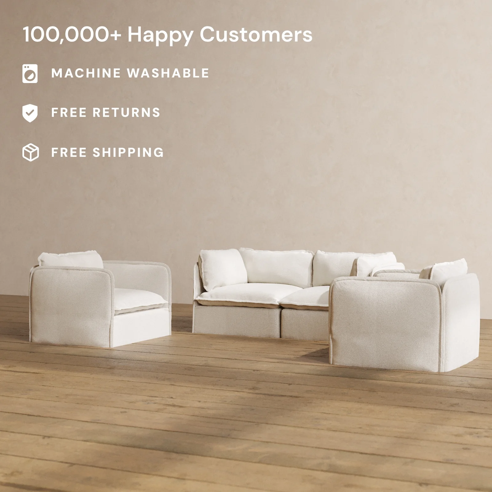 Modular Washable 2-Seater Sofa + Armchair Set in Powder | Deluxe+ Seat | Cloud Pillow - Image 2