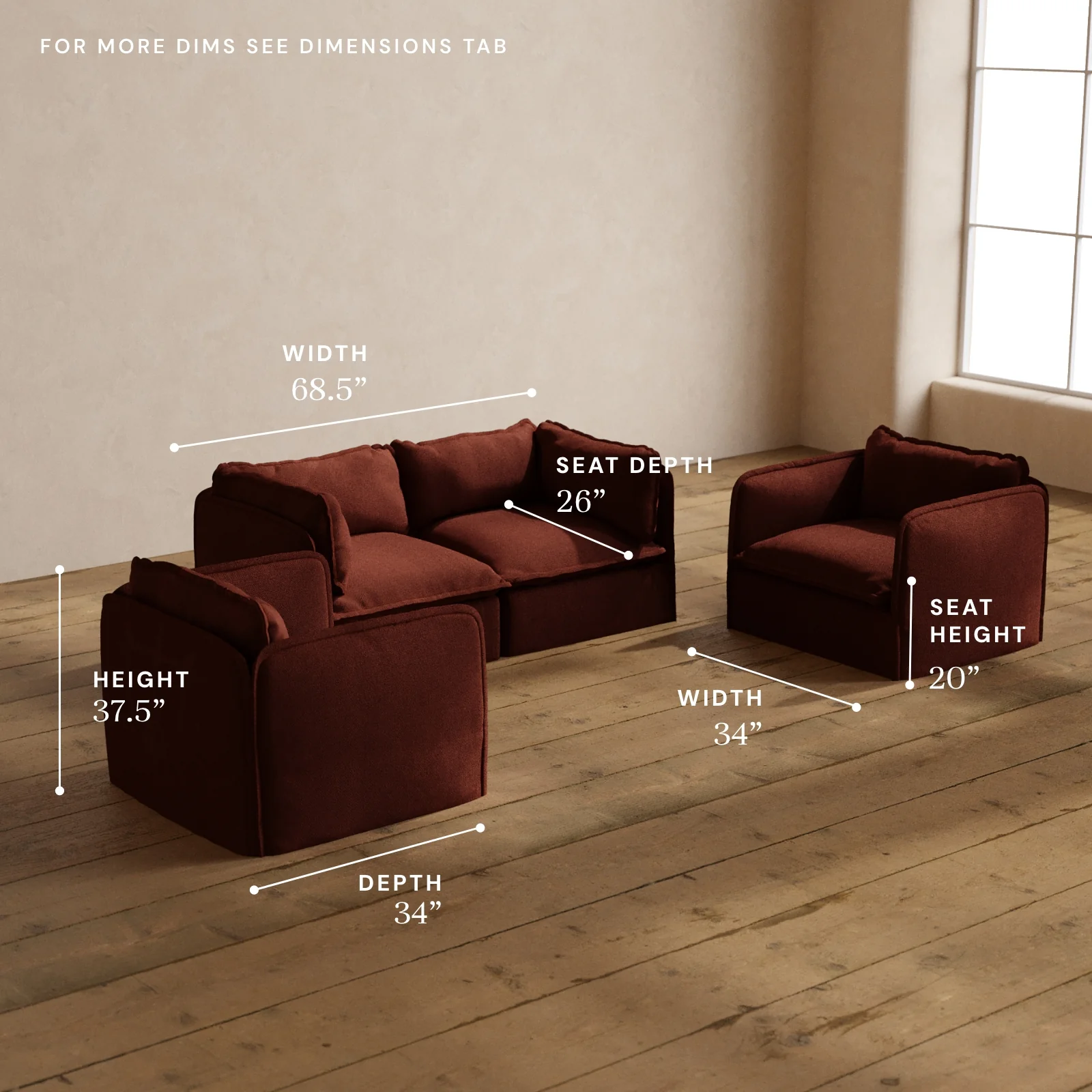 Modular Washable 2-Seater Sofa + Armchair Set in Rust | Deluxe+ Seat | Cloud Pillow - Image 5