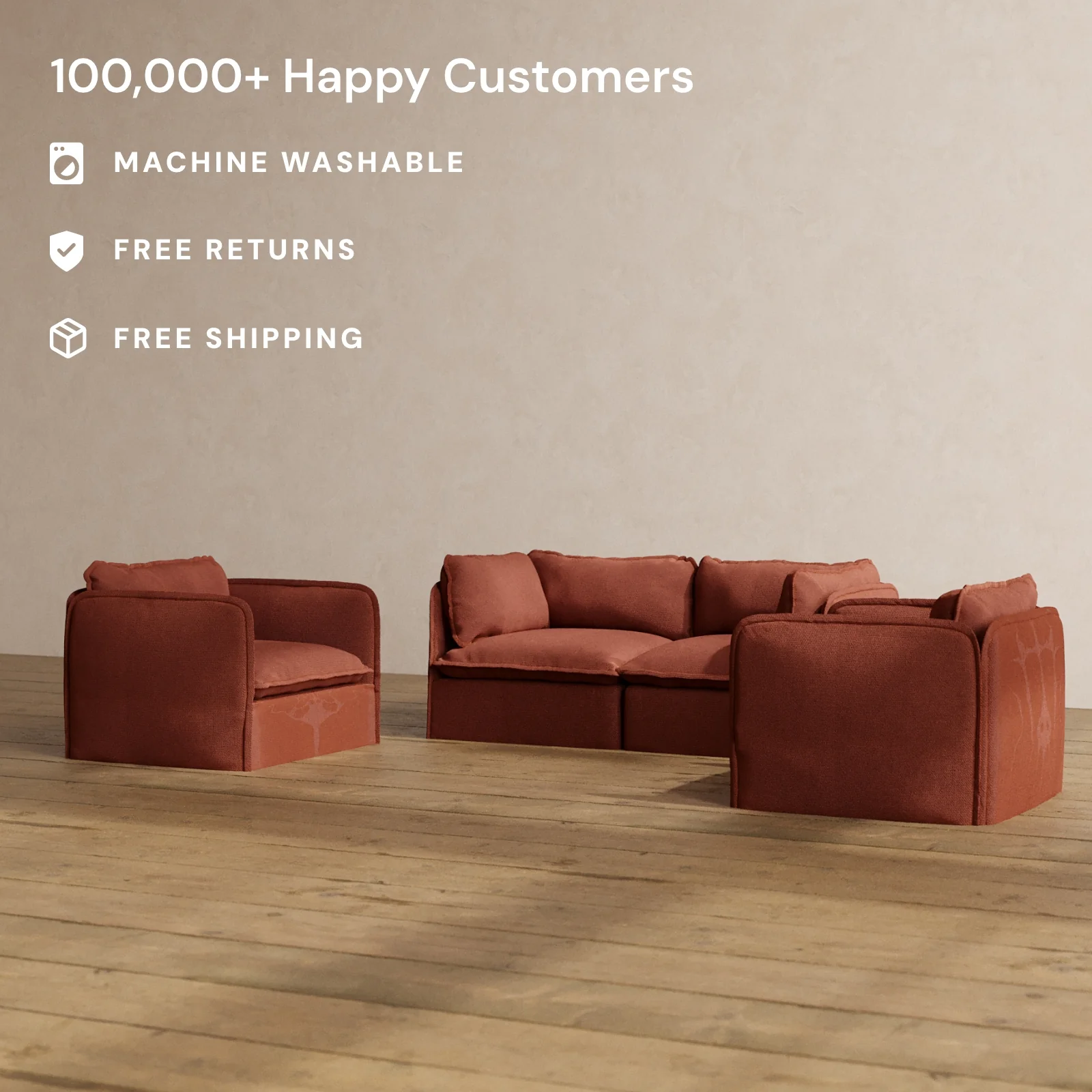Modular Washable 2-Seater Sofa + Armchair Set in Rust | Memorix+ Seat | Contour Pillow - Image 2