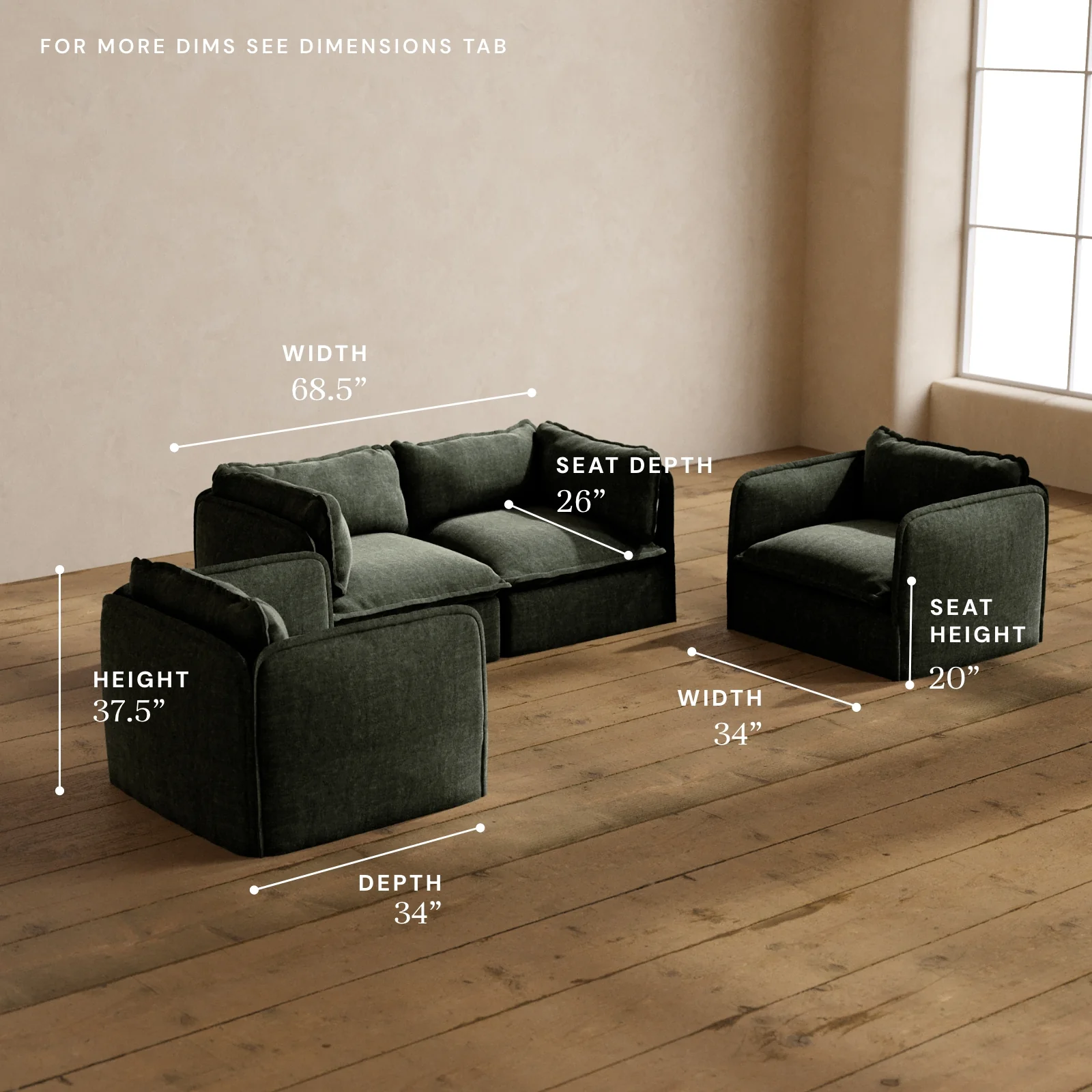 Modular Washable 2-Seater Sofa + Armchair Set in Willow | Deluxe+ Seat | Cloud Pillow - Image 5