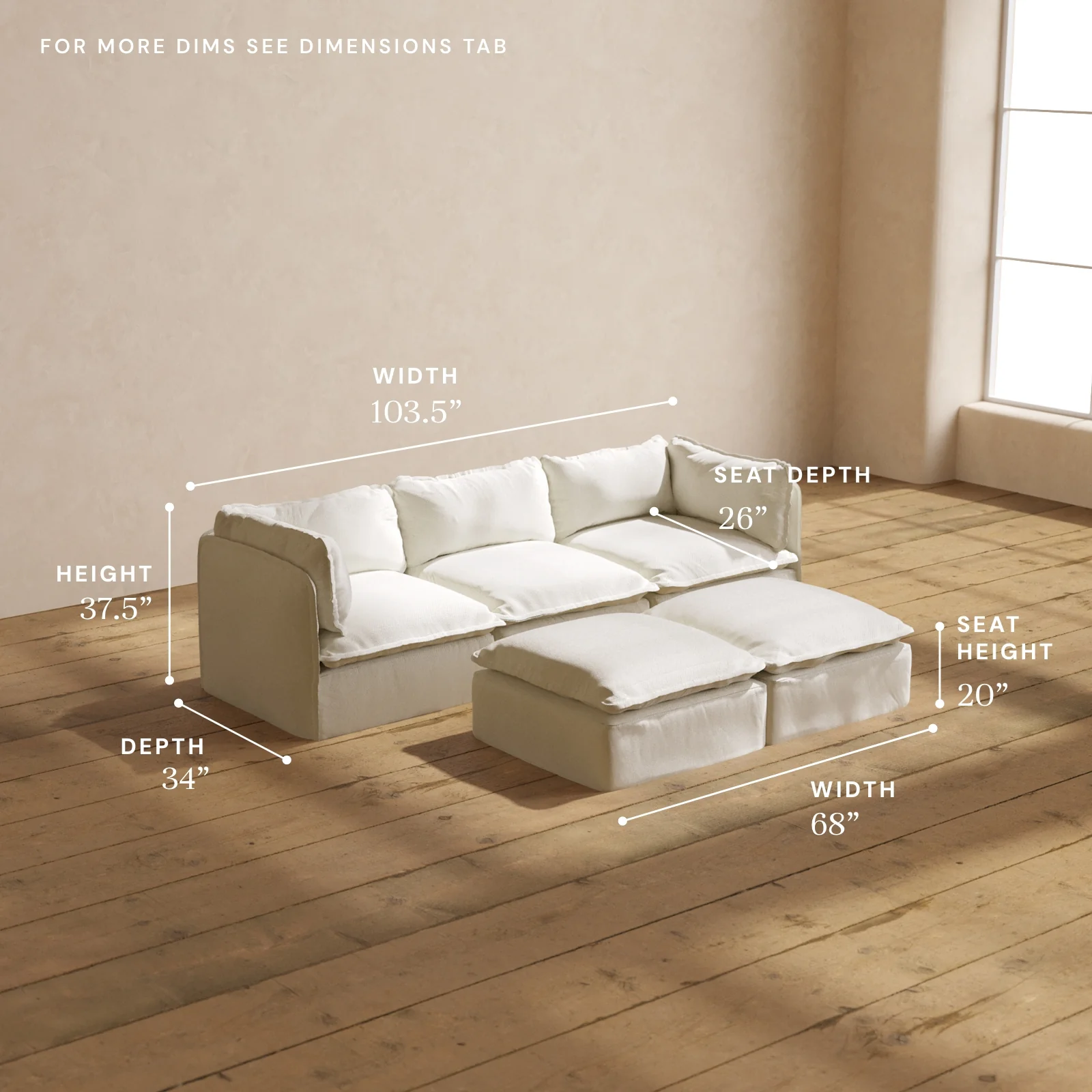 Modular Washable 3-Seater + Bench Ottoman in Eggshell | Deluxe+ Seat | Cloud Pillow - Image 5