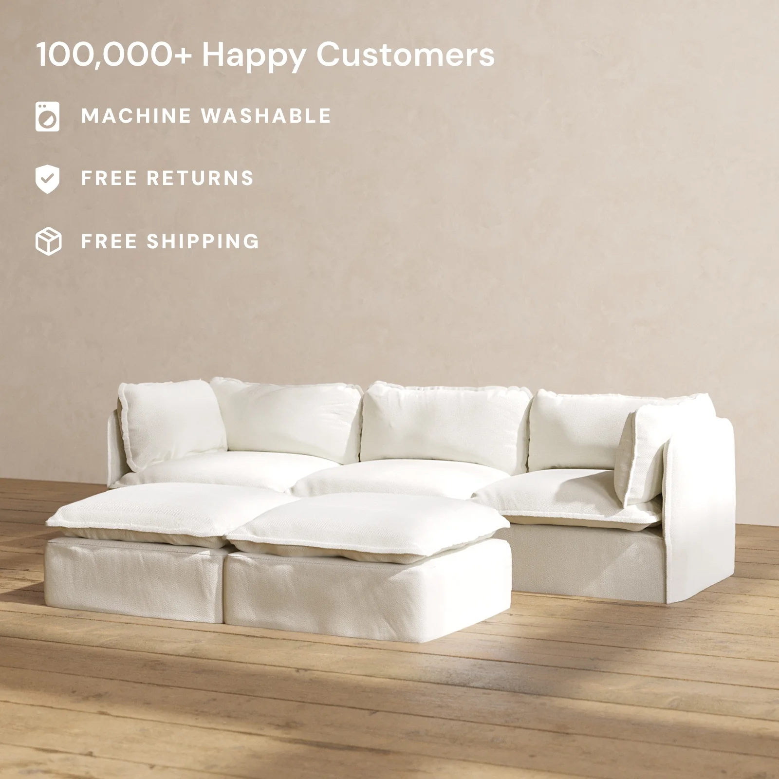 Modular Washable 3-Seater + Bench Ottoman in Eggshell | Memorix+ Seat | Contour Pillow - Image 2