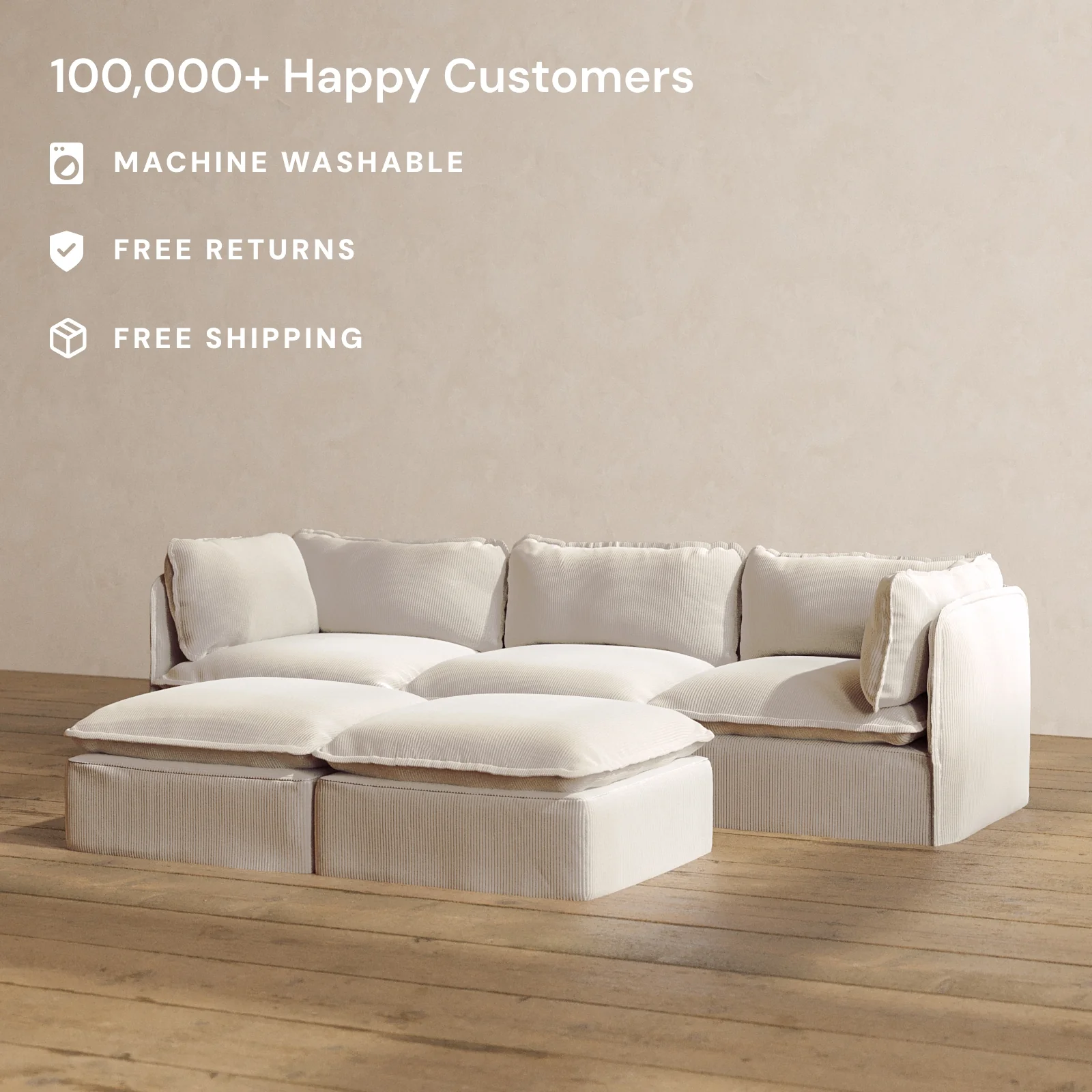 Modular Washable 3-Seater + Bench Ottoman in Milk | Deluxe+ Seat | Cloud Pillow - Image 2