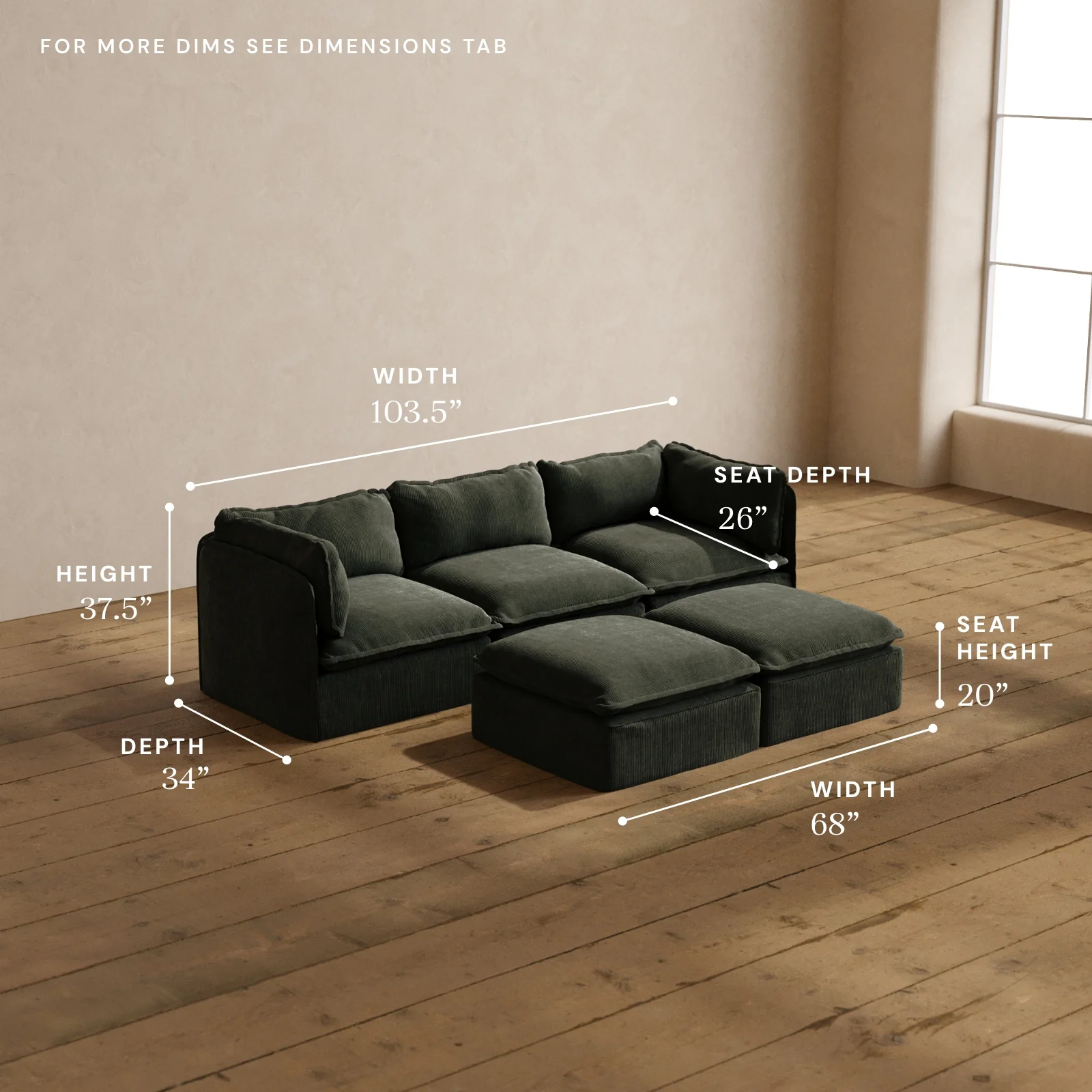 Modular Washable 3-Seater + Bench Ottoman in Olivine | Deluxe+ Seat | Cloud Pillow - Image 5