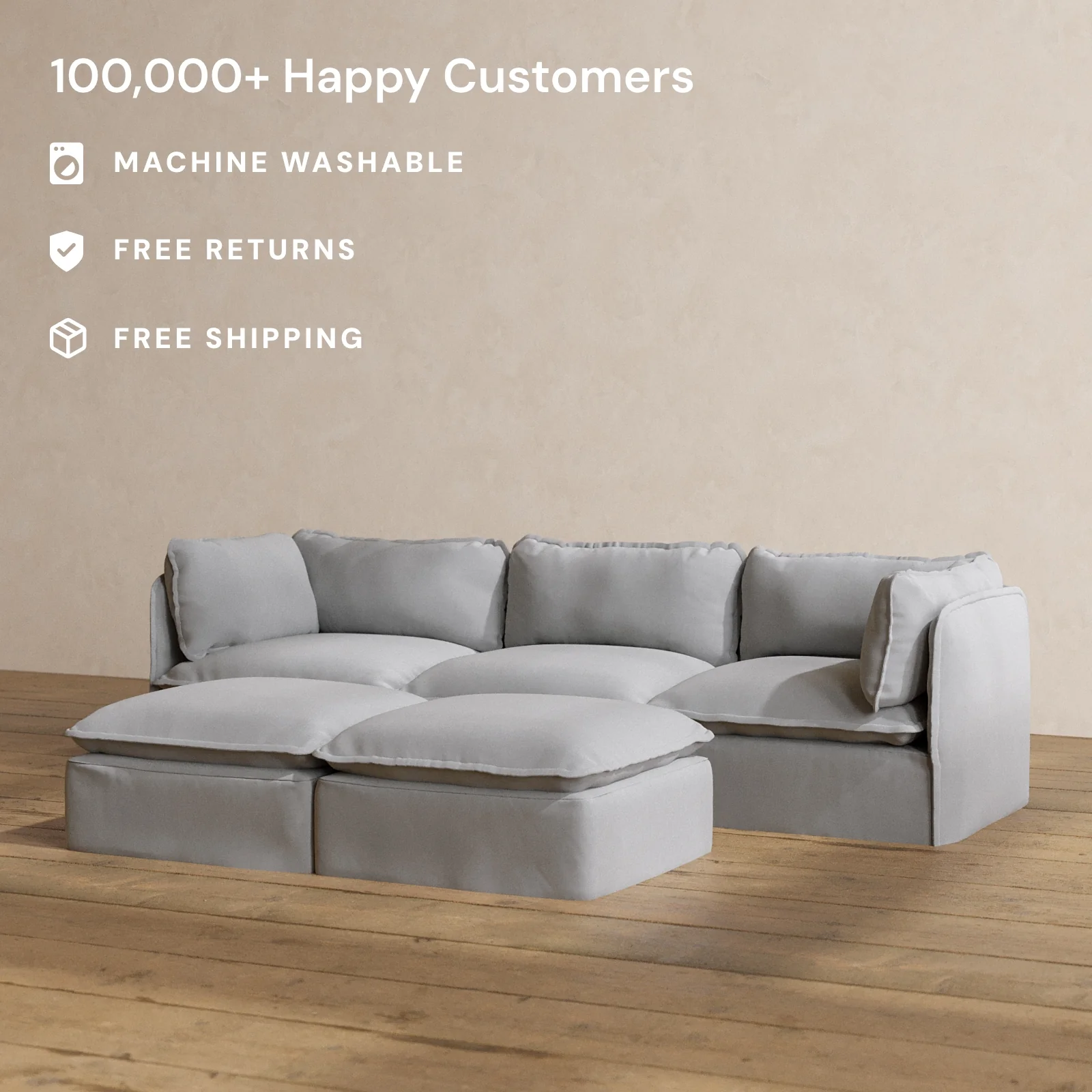 Modular Washable 3-Seater + Bench Ottoman in Pumice | Memorix+ Seat | Contour Pillow - Image 2