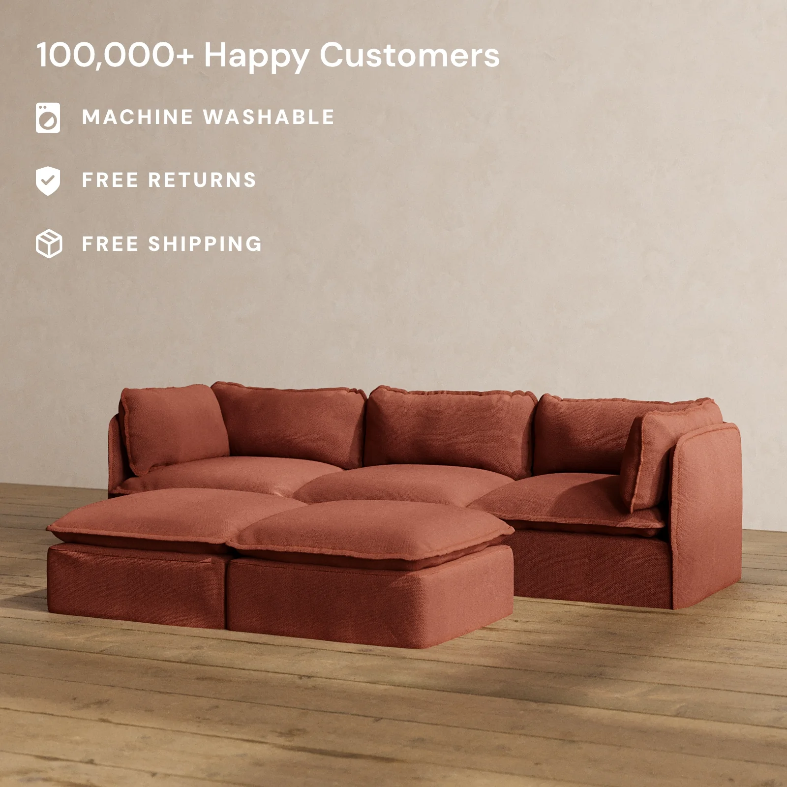 Modular Washable 3-Seater + Bench Ottoman in Rust | Memorix+ Seat | Contour Pillow - Image 2