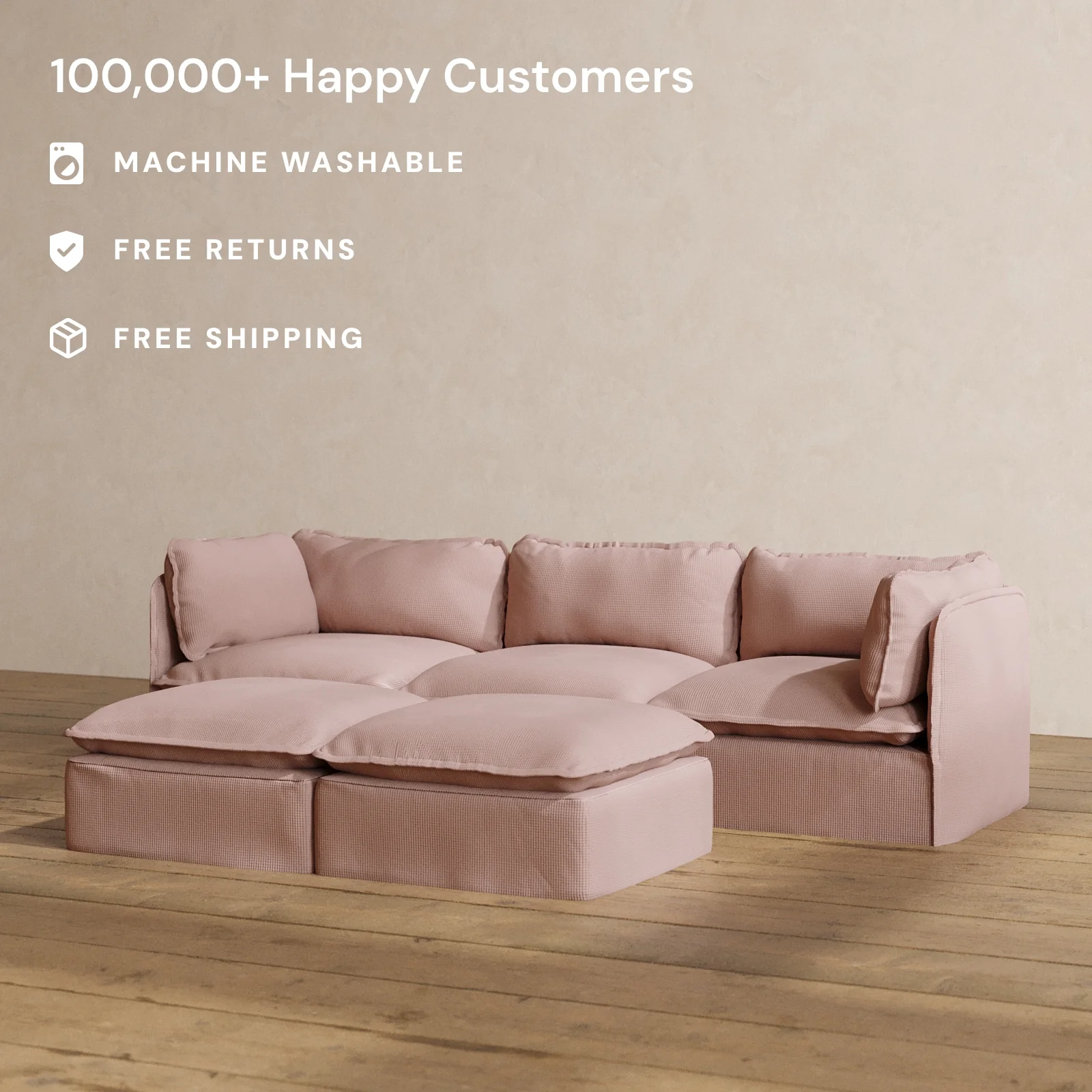 Modular Washable 3-Seater + Bench Ottoman in Sakura | Deluxe+ Seat | Cloud Pillow - Image 2