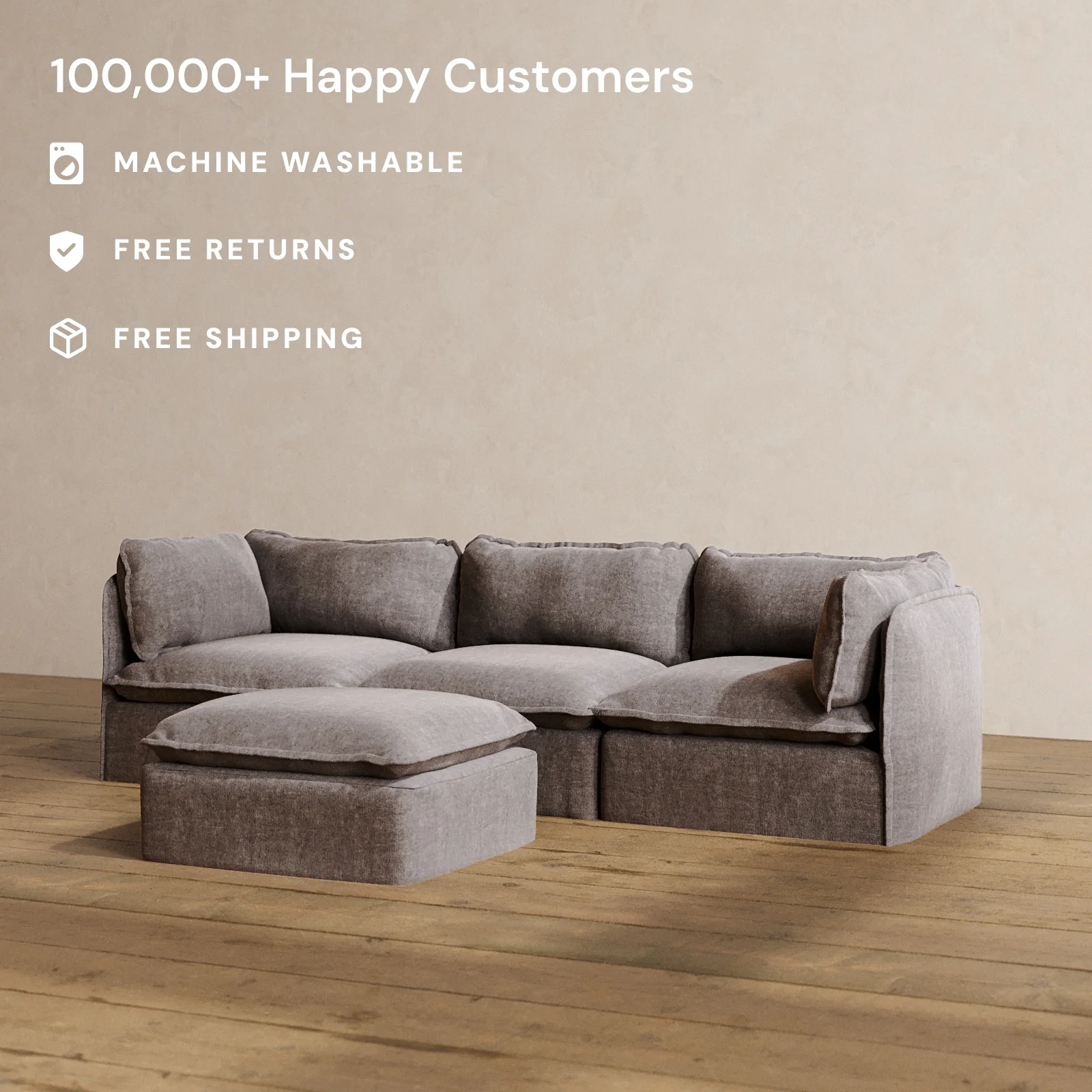 Modular Washable 3-Seater + Ottoman in Caviar | Deluxe+ Seat | Cloud Pillow - Image 2