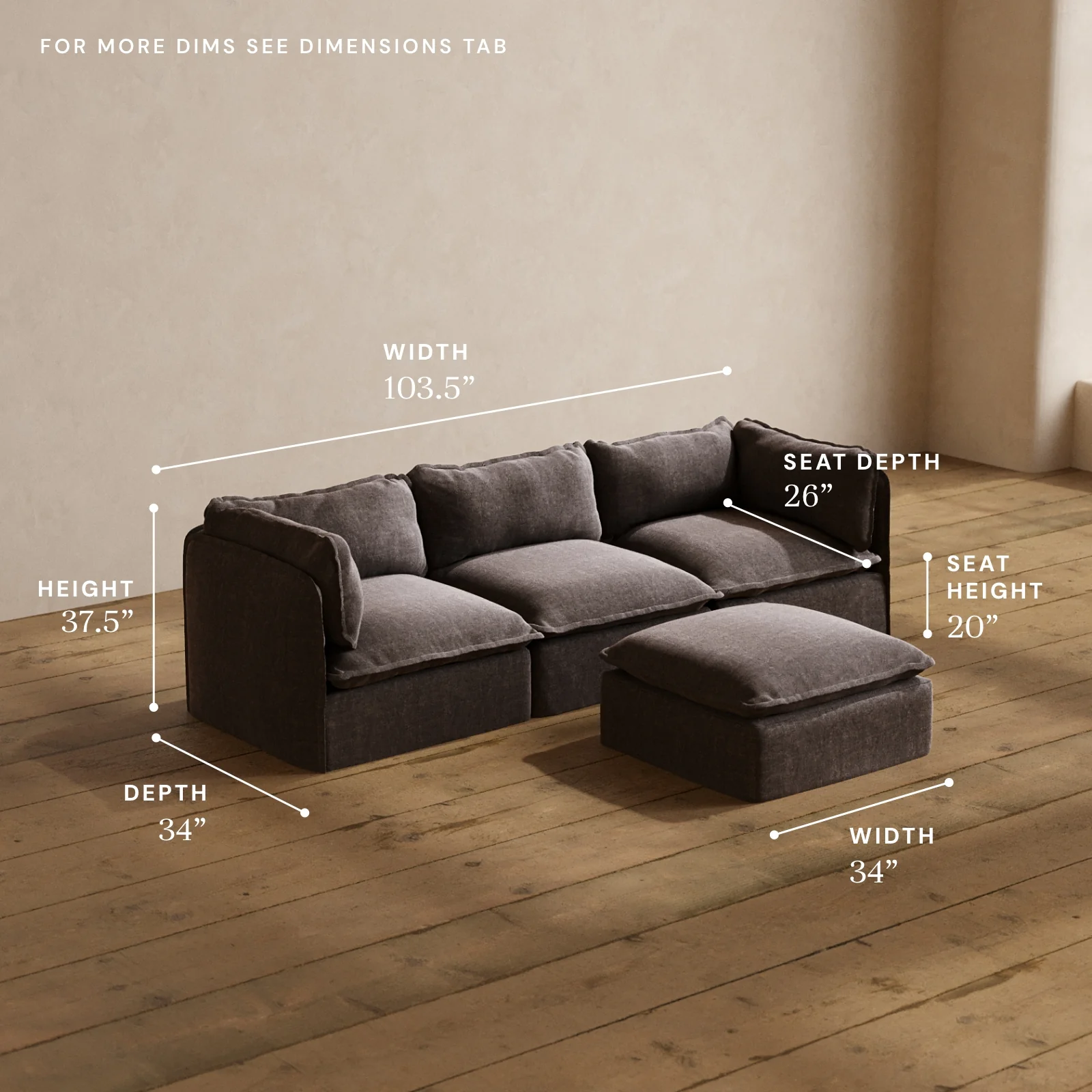Modular Washable 3-Seater + Ottoman in Caviar | Deluxe+ Seat | Cloud Pillow - Image 5