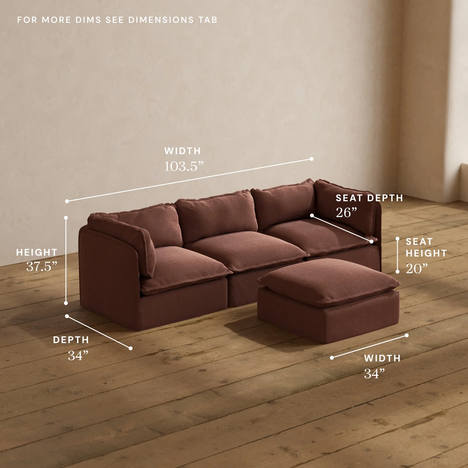 Modular Washable 3-Seater + Ottoman in Chestnut | Deluxe+ Seat | Cloud Pillow - Image 5