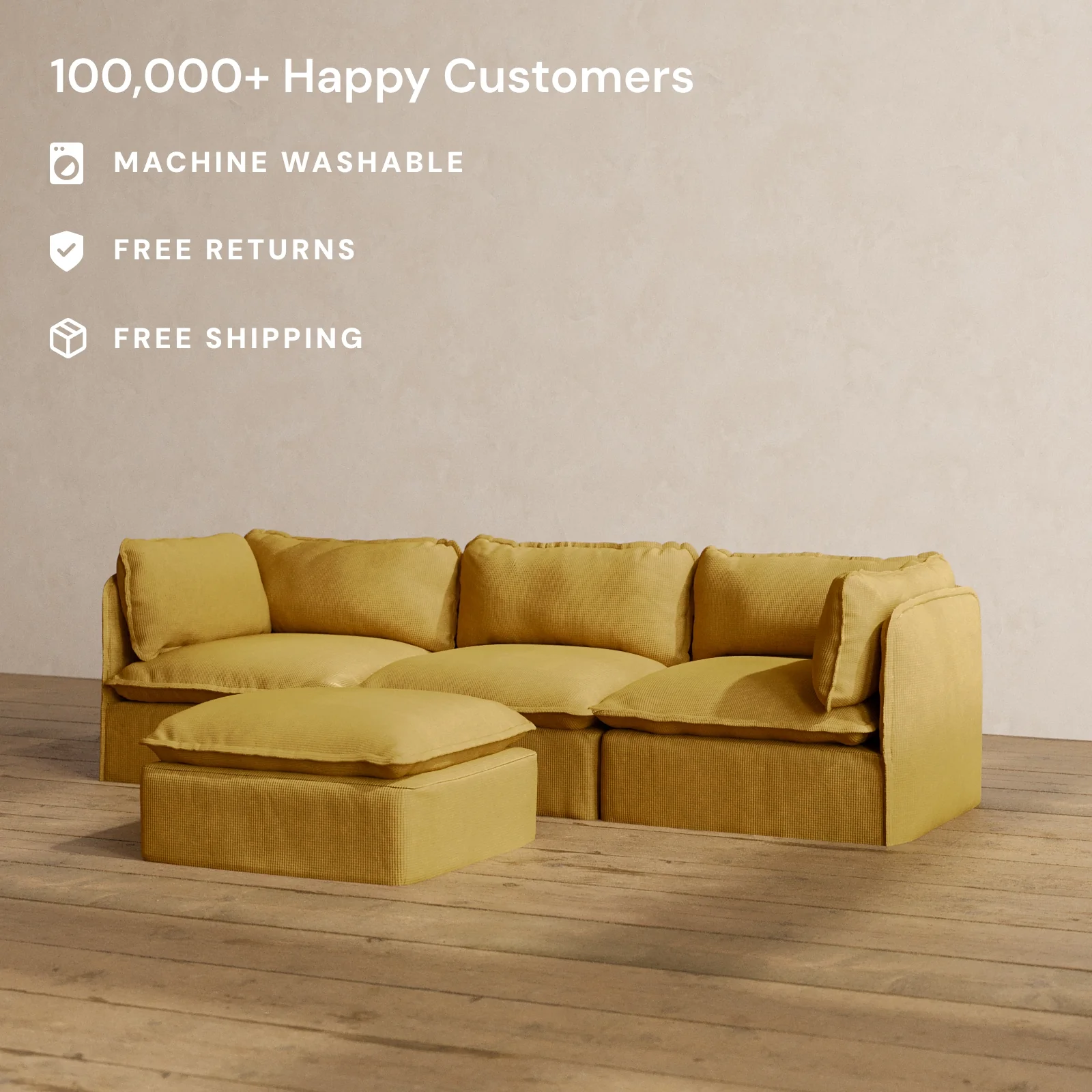 Modular Washable 3-Seater + Ottoman in Kiiro | Deluxe+ Seat | Cloud Pillow - Image 2