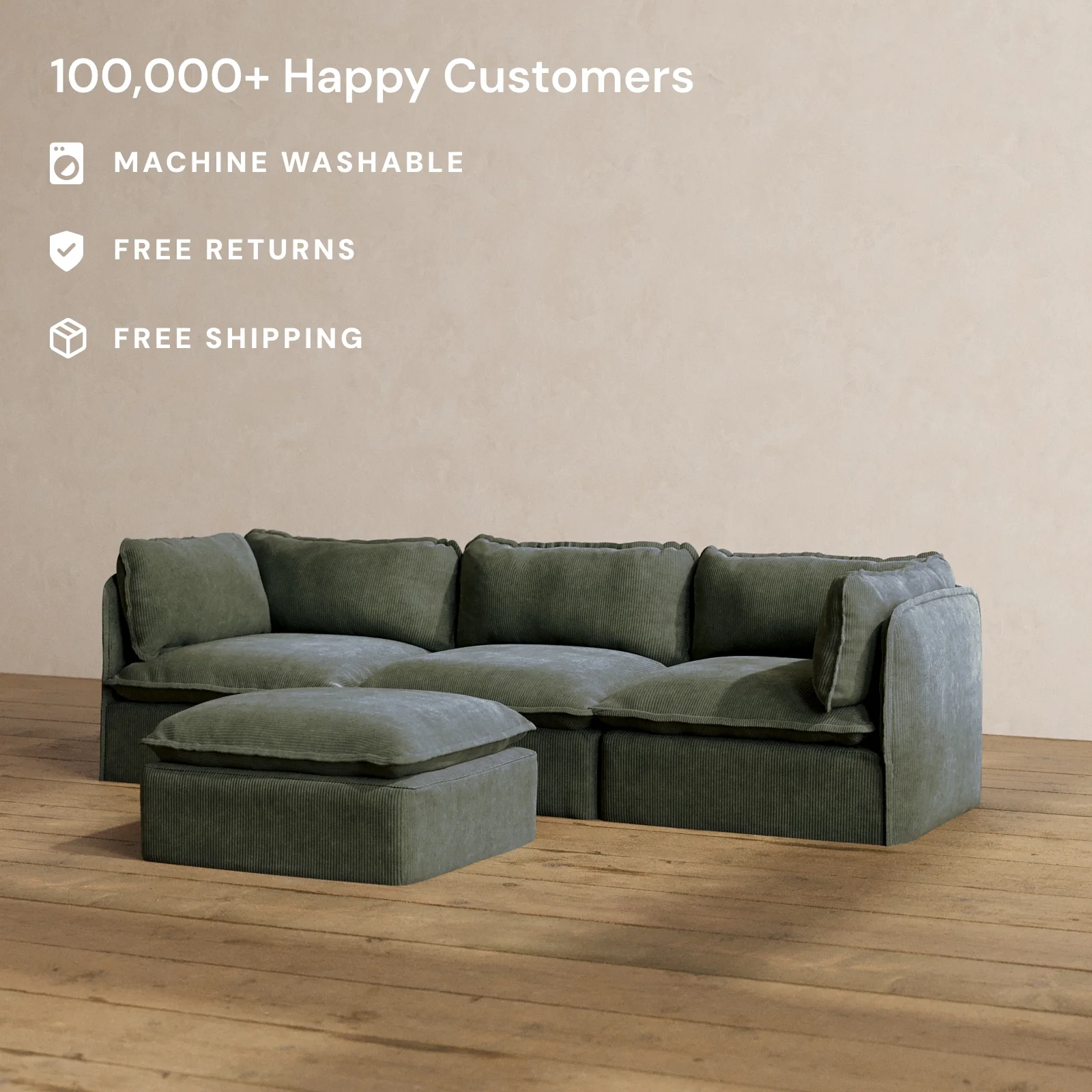 Modular Washable 3-Seater + Ottoman in Olivine | Deluxe+ Seat | Cloud Pillow - Image 2