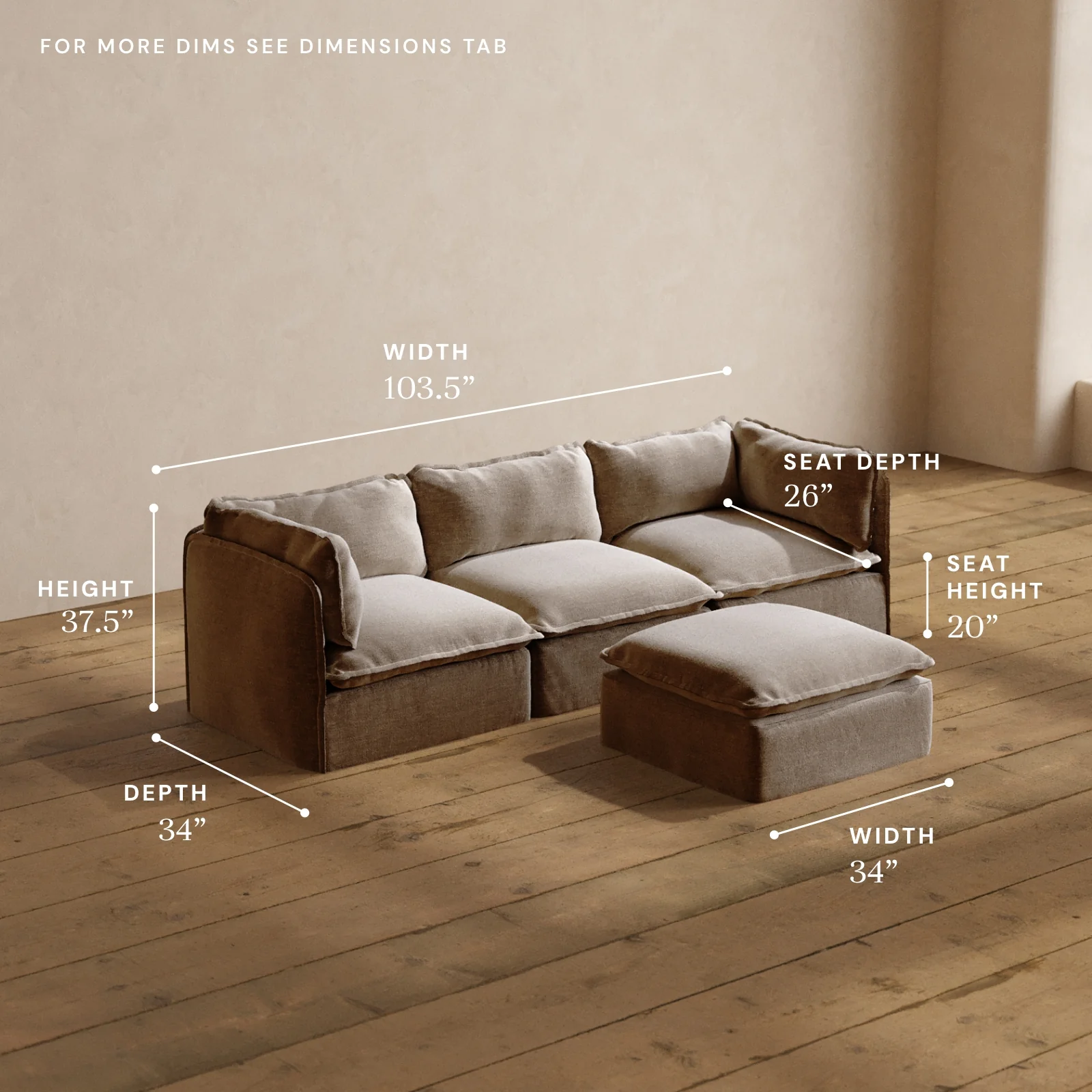 Modular Washable 3-Seater + Ottoman in Pumice | Deluxe+ Seat | Cloud Pillow - Image 5
