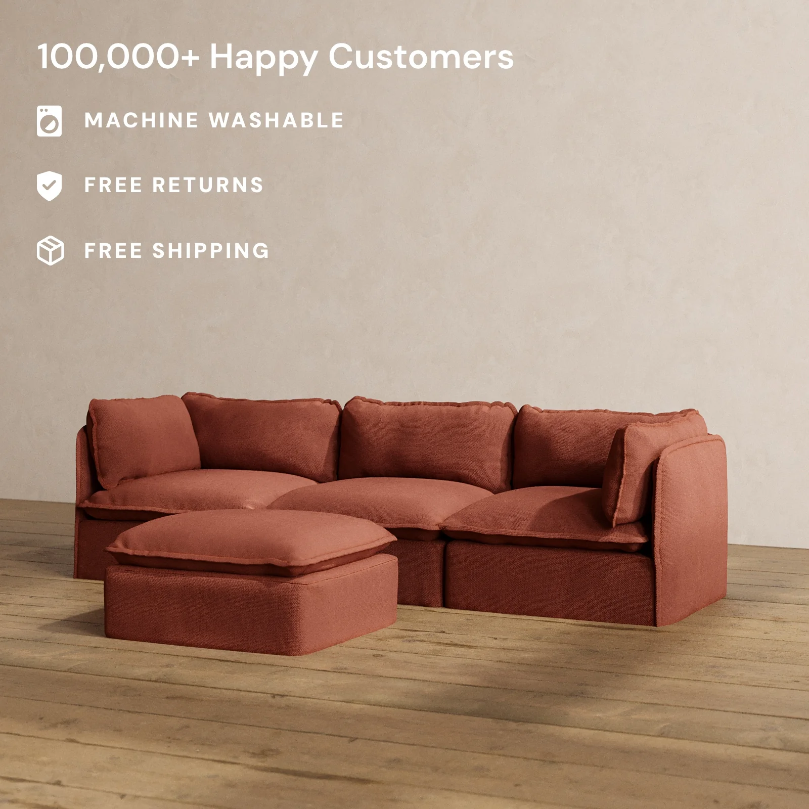 Modular Washable 3-Seater + Ottoman in Rust | Deluxe+ Seat | Cloud Pillow - Image 2