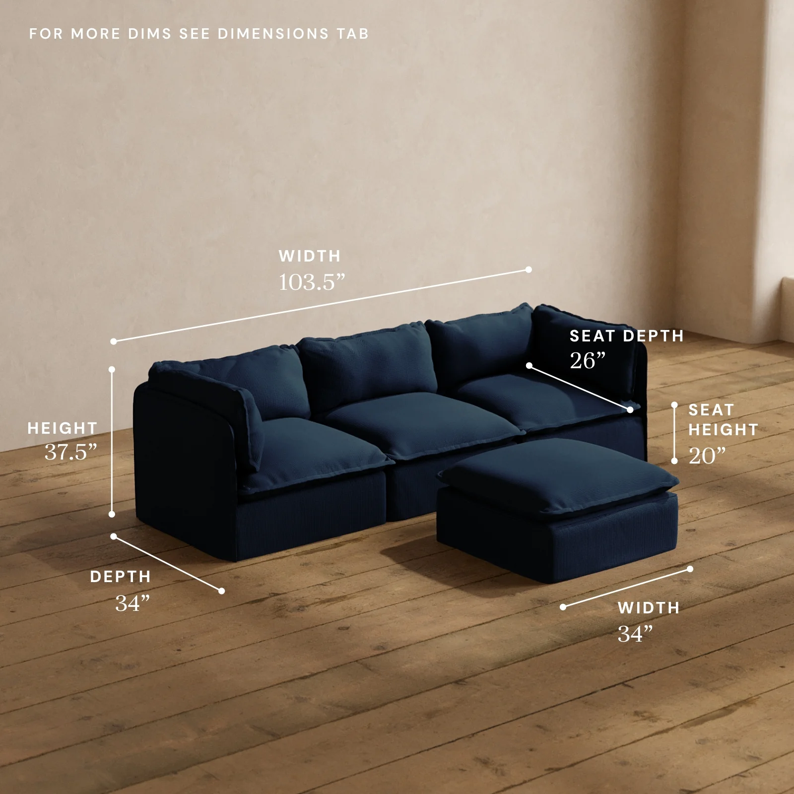 Modular Washable 3-Seater + Ottoman in Sumi | Deluxe+ Seat | Cloud Pillow - Image 5