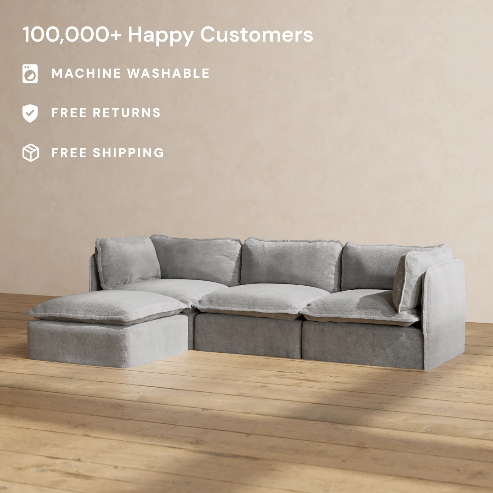 Modular Washable 3-Seater Sectional in Ash | Deluxe+ Seat | Cloud Pillow - Image 2