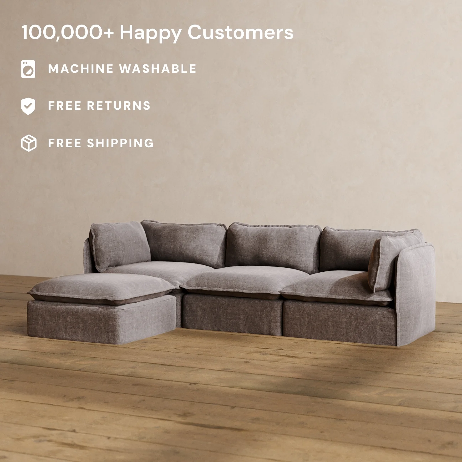 Modular Washable 3-Seater Sectional in Caviar | Deluxe+ Seat | Cloud Pillow - Image 2