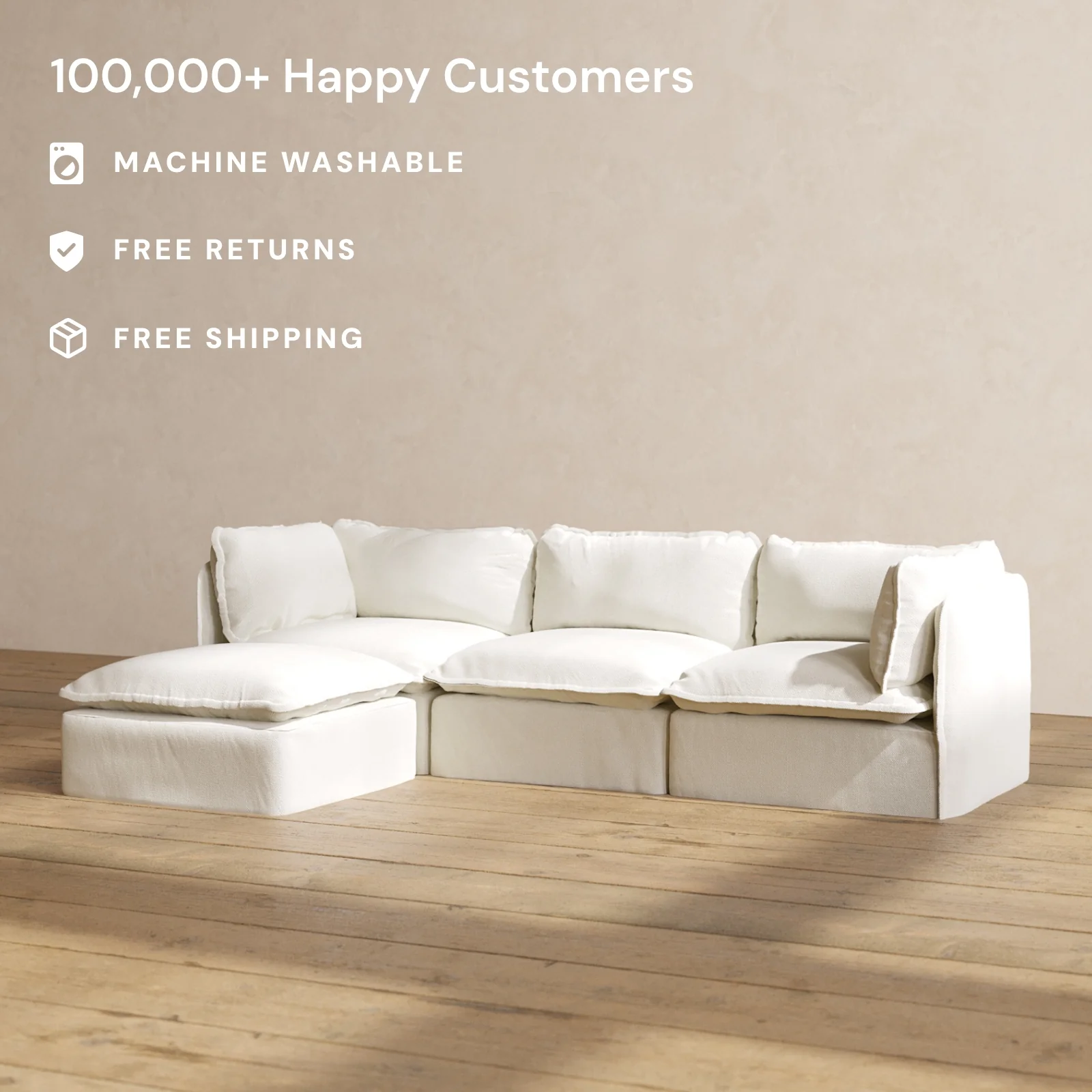 Modular Washable 3-Seater Sectional in Eggshell | Memorix+ Seat | Contour Pillow - Image 2