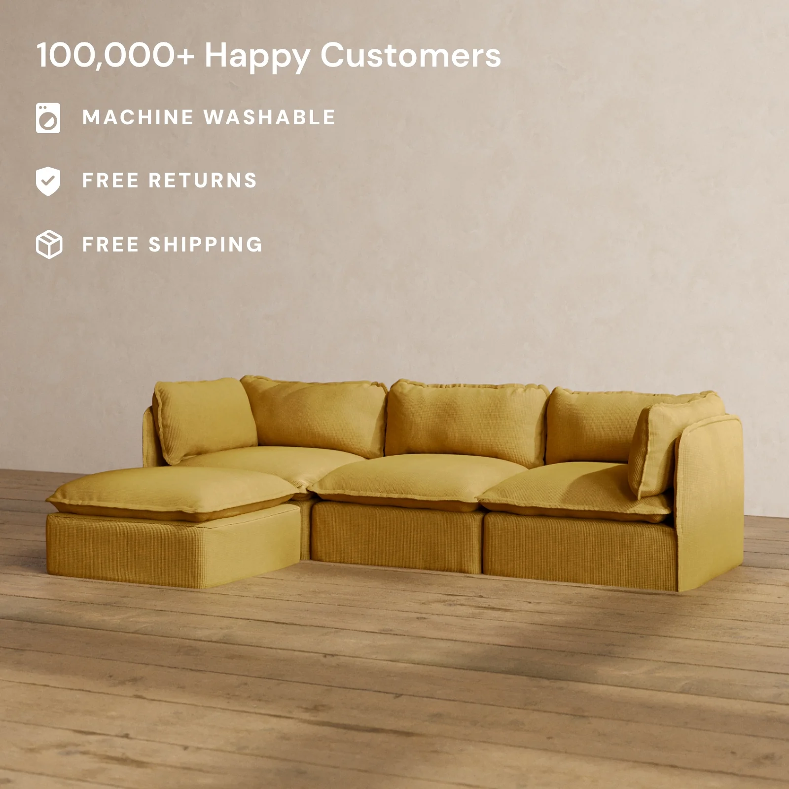 Modular Washable 3-Seater Sectional in Kiiro | Deluxe+ Seat | Cloud Pillow - Image 2