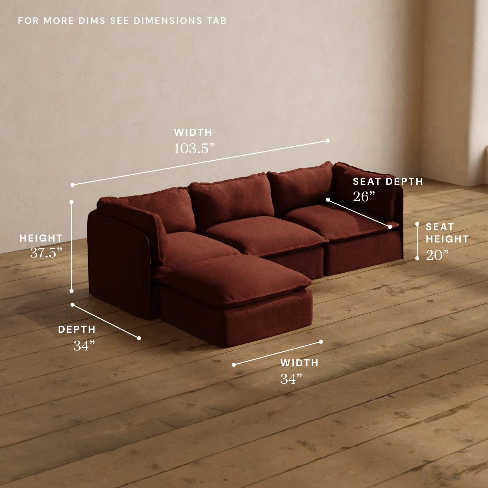 Modular Washable 3-Seater Sectional in Rust | Deluxe+ Seat | Cloud Pillow - Image 5