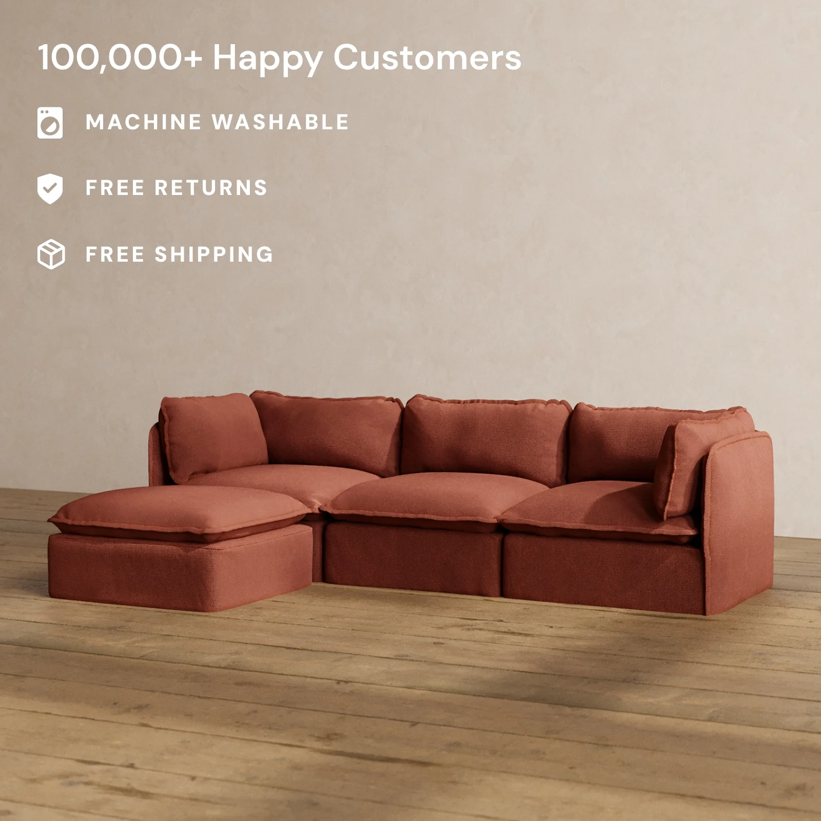 Modular Washable 3-Seater Sectional in Rust | Memorix+ Seat | Contour Pillow - Image 2