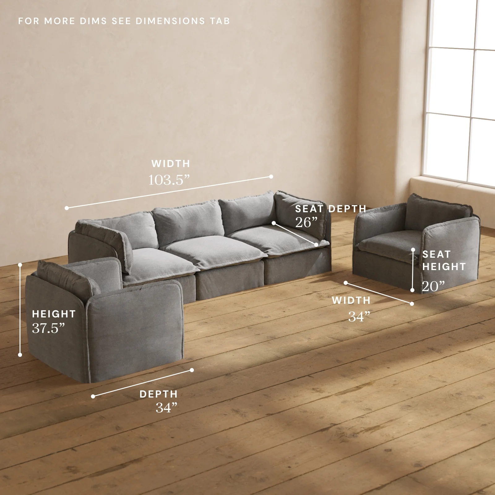 Modular Washable 3-Seater Sofa + Armchair Set in Ash | Deluxe+ Seat | Cloud Pillow - Image 5