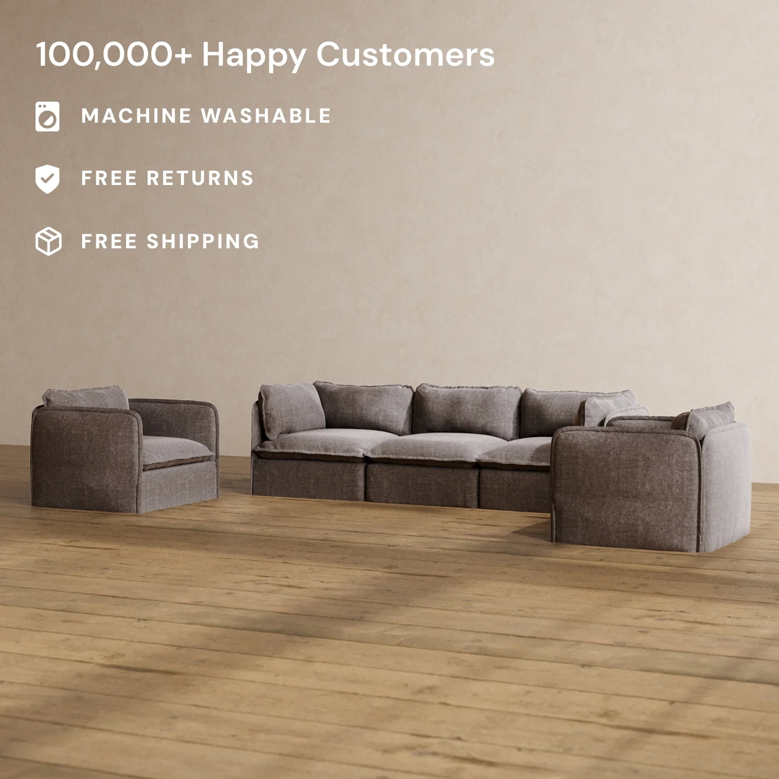 Modular Washable 3-Seater Sofa + Armchair Set in Caviar | Deluxe+ Seat | Cloud Pillow - Image 2