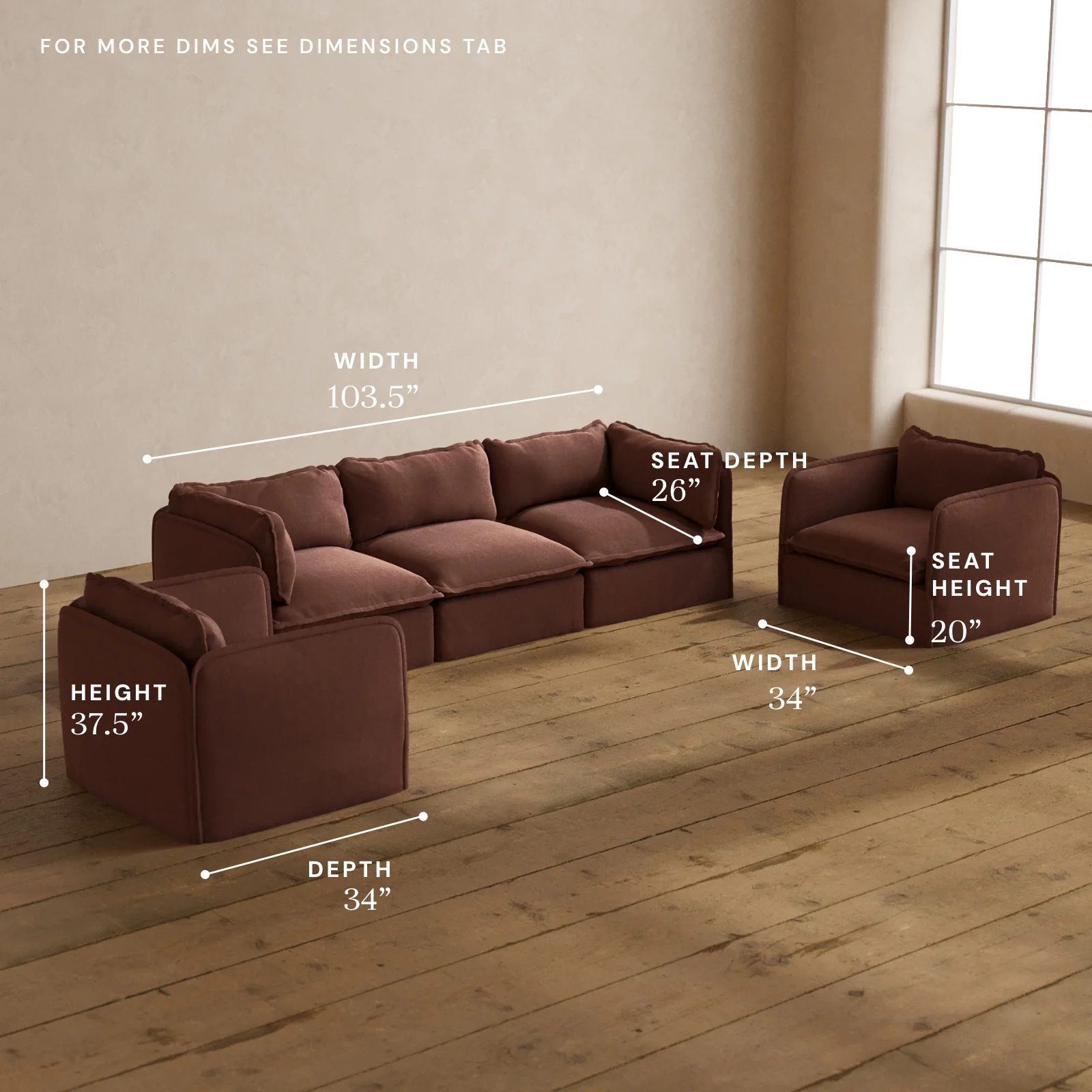 Modular Washable 3-Seater Sofa + Armchair Set in Chestnut | Deluxe+ Seat | Cloud Pillow - Image 5