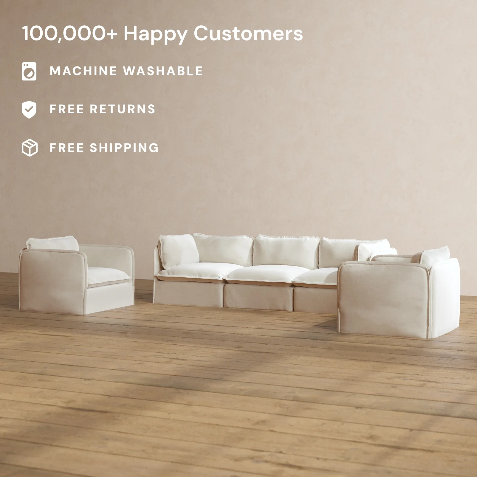 Modular Washable 3-Seater Sofa + Armchair Set in Coco | Deluxe+ Seat | Cloud Pillow - Image 2