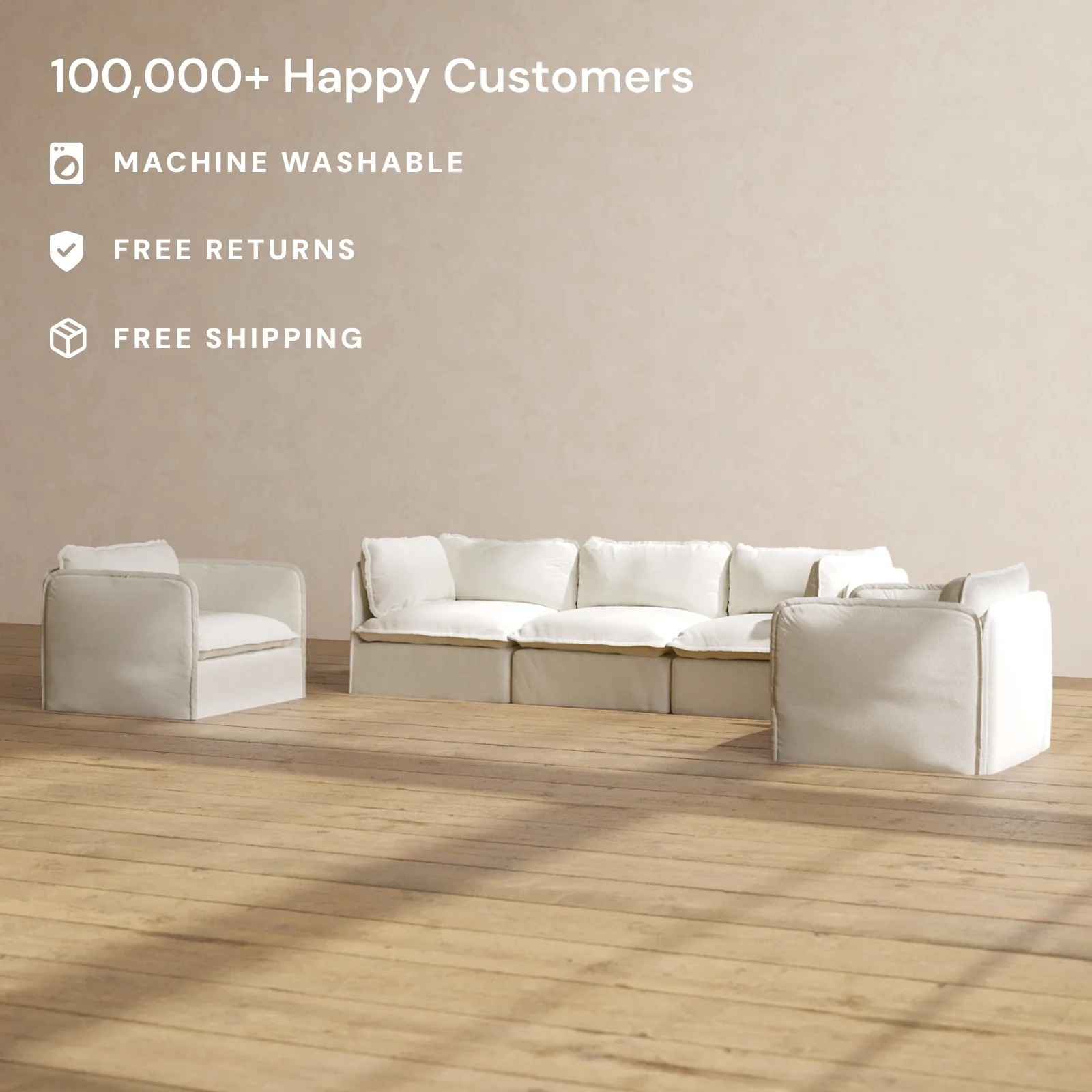 Modular Washable 3-Seater Sofa + Armchair Set in Eggshell | Deluxe+ Seat | Cloud Pillow - Image 2