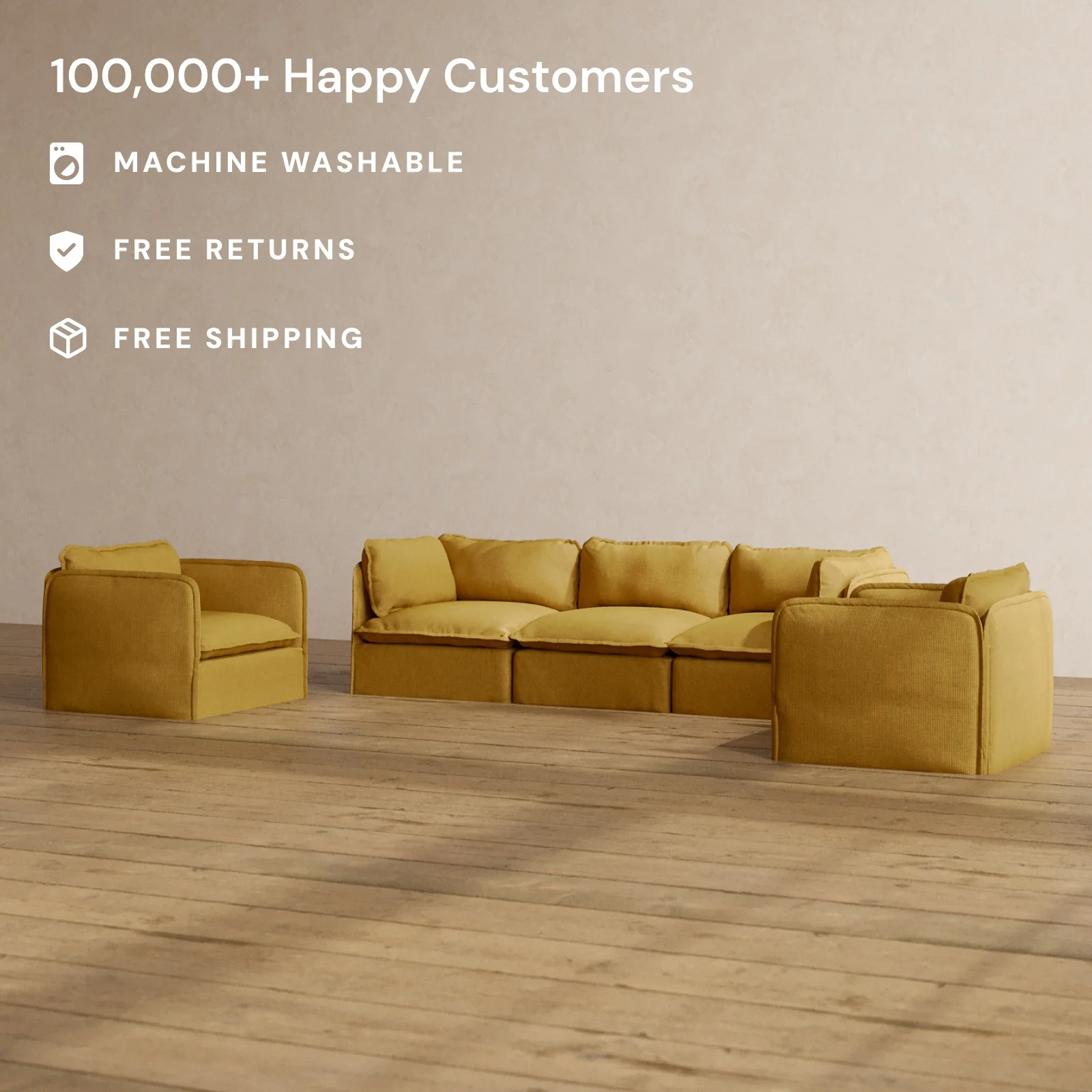 Modular Washable 3-Seater Sofa + Armchair Set in Kiiro | Deluxe+ Seat | Cloud Pillow - Image 2