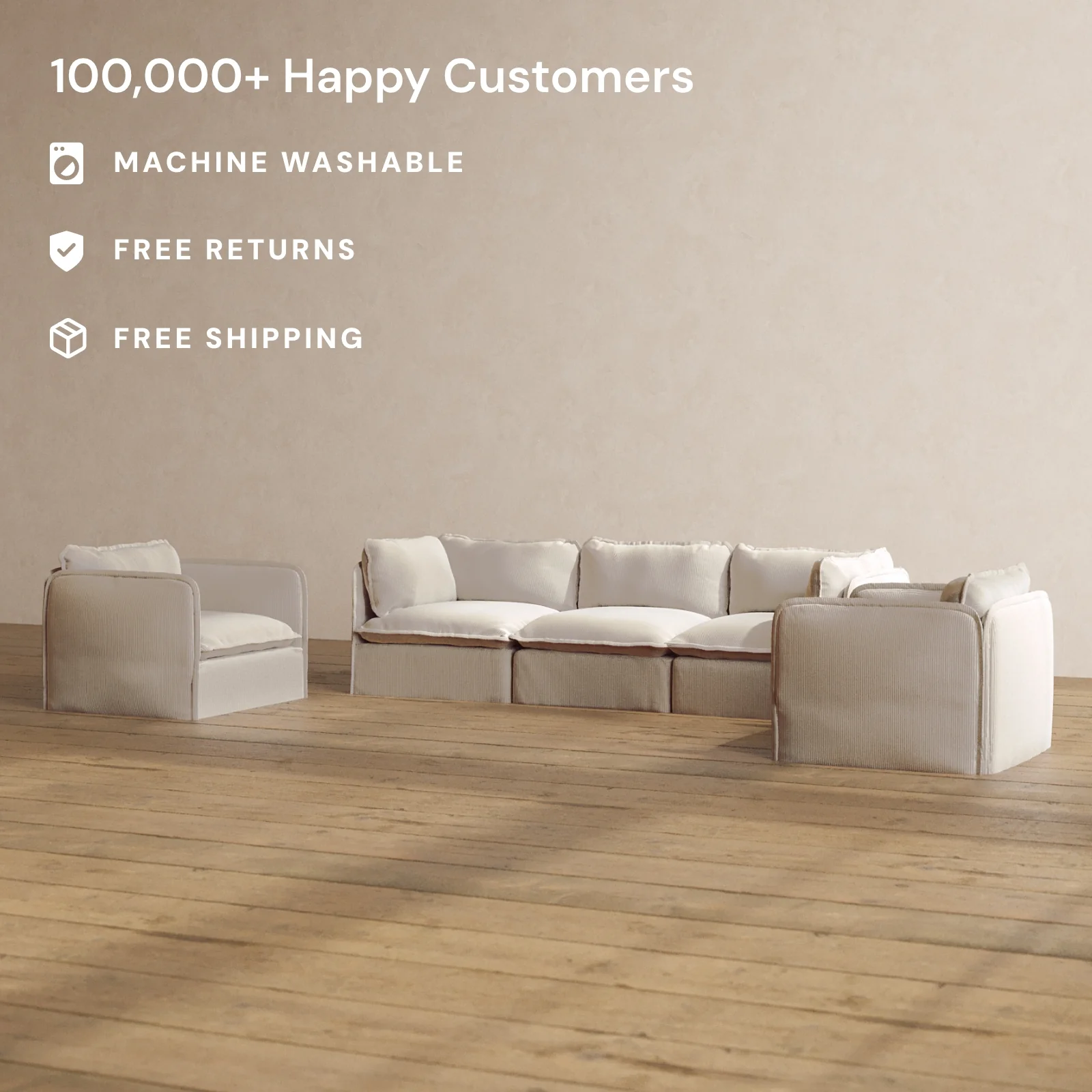 Modular Washable 3-Seater Sofa + Armchair Set in Milk | Deluxe+ Seat | Cloud Pillow - Image 2