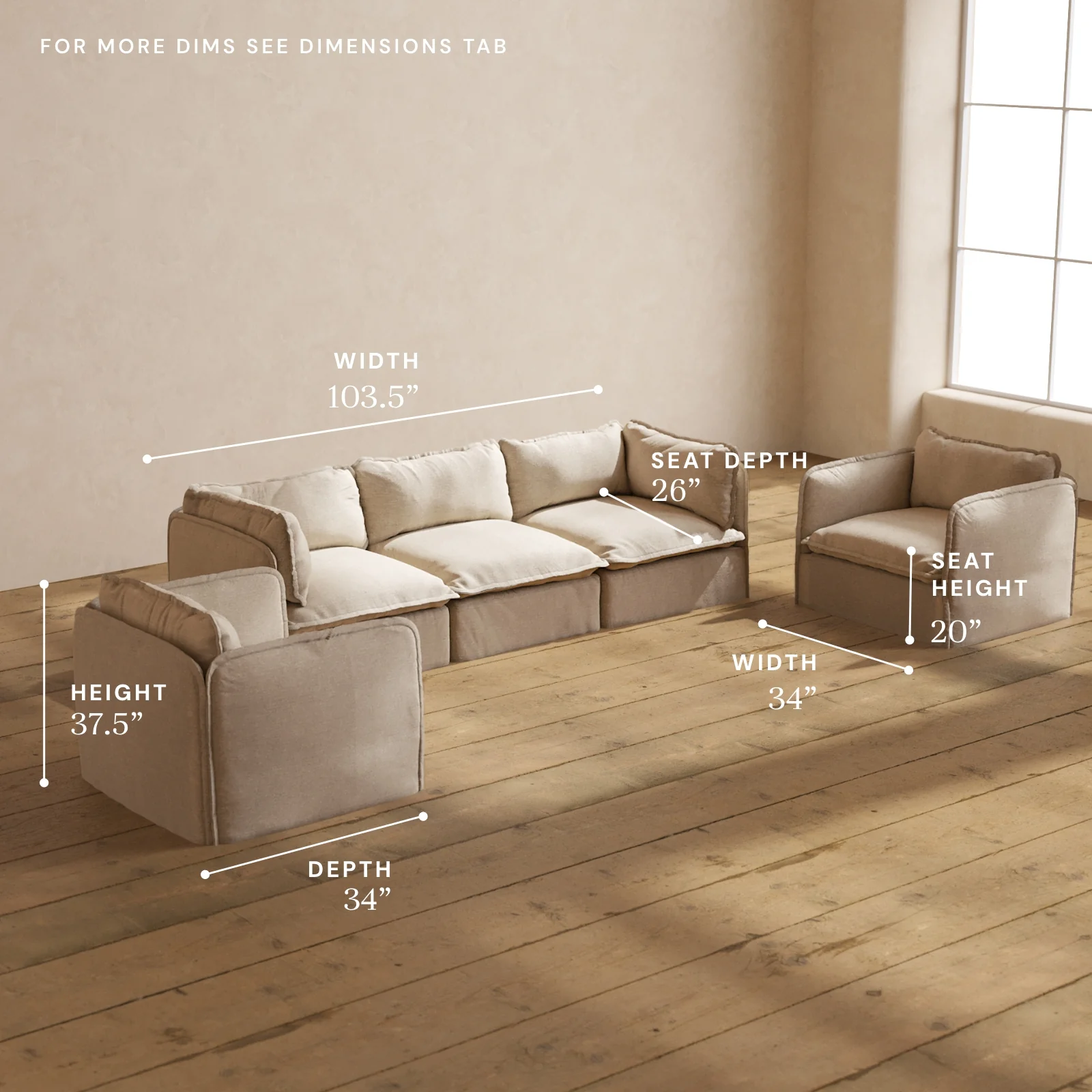 Modular Washable 3-Seater Sofa + Armchair Set in Oat | Memorix+ Seat | Contour Pillow - Image 5