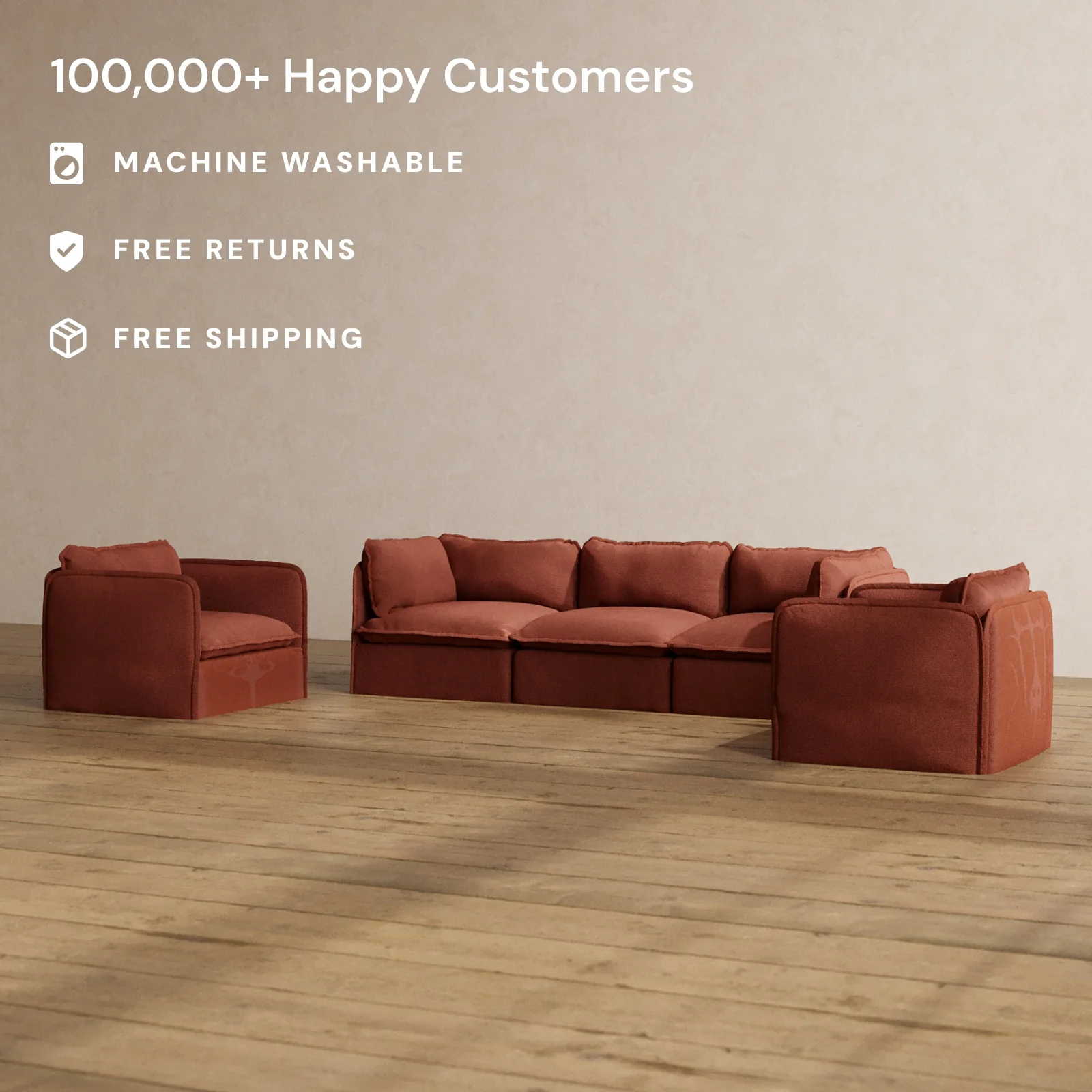 Modular Washable 3-Seater Sofa + Armchair Set in Rust | Deluxe+ Seat | Cloud Pillow - Image 2