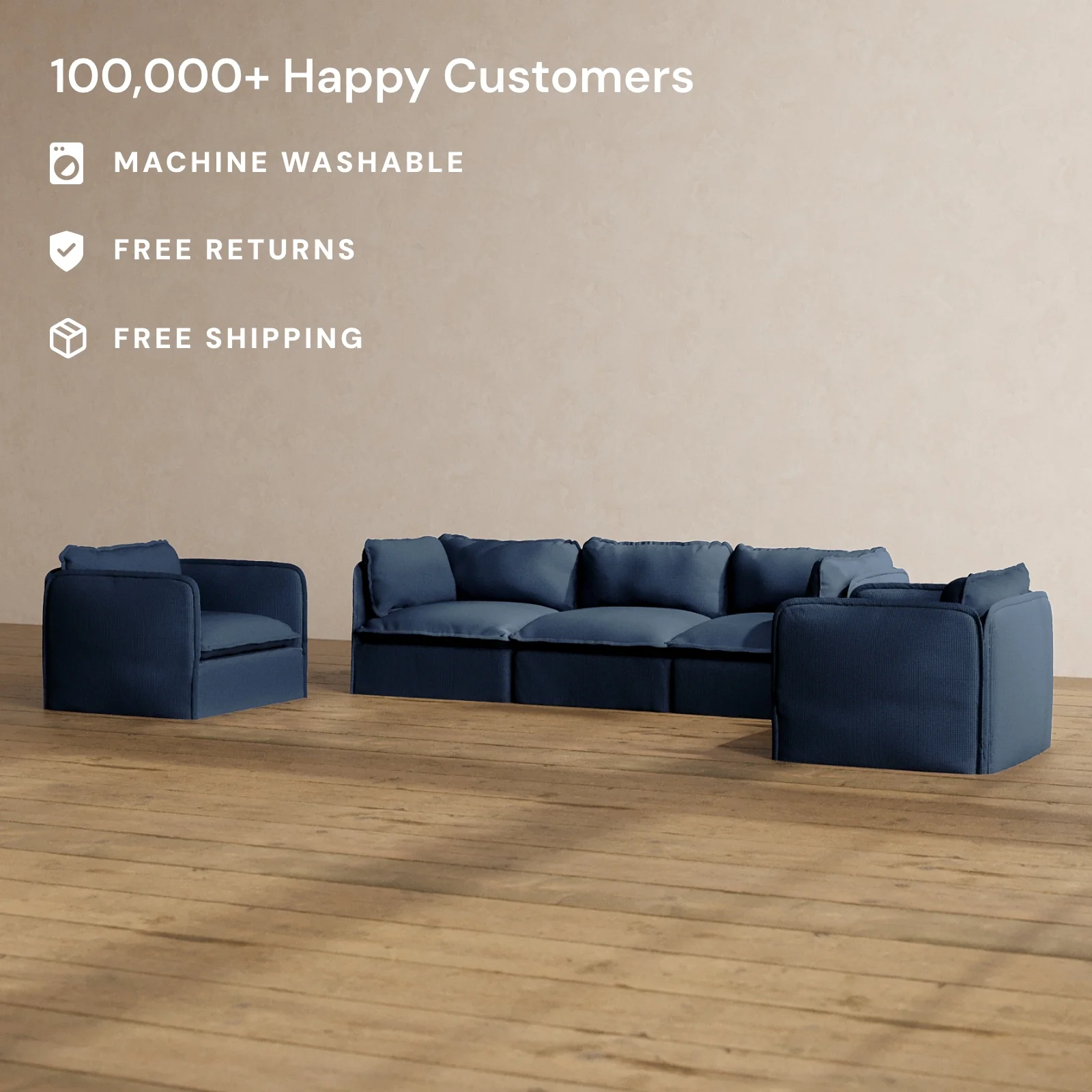 Modular Washable 3-Seater Sofa + Armchair Set in Sumi | Deluxe+ Seat | Cloud Pillow - Image 2