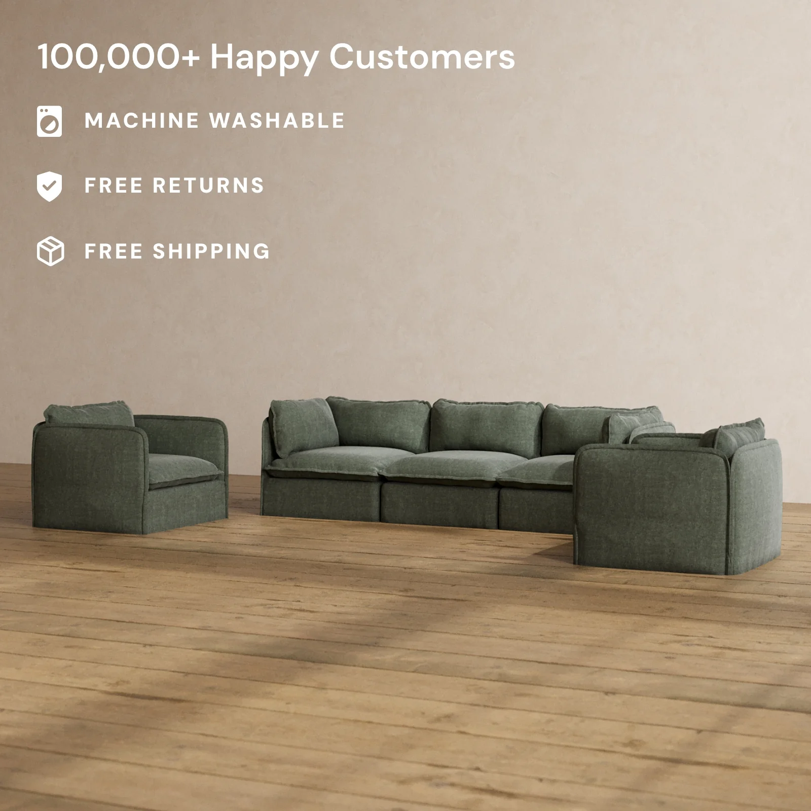 Modular Washable 3-Seater Sofa + Armchair Set in Willow | Deluxe+ Seat | Cloud Pillow - Image 2