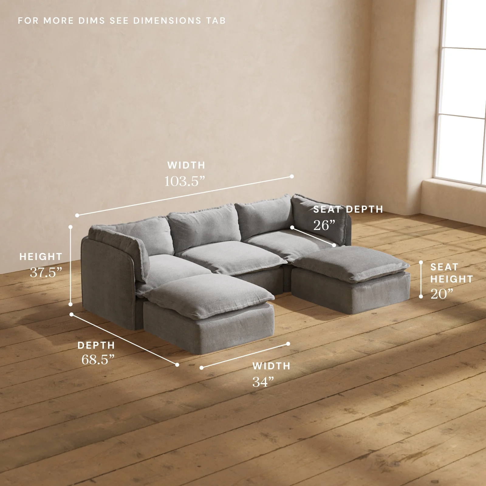 Modular Washable 3-Seater U-Sectional in Ash | Deluxe+ Seat | Cloud Pillow - Image 5