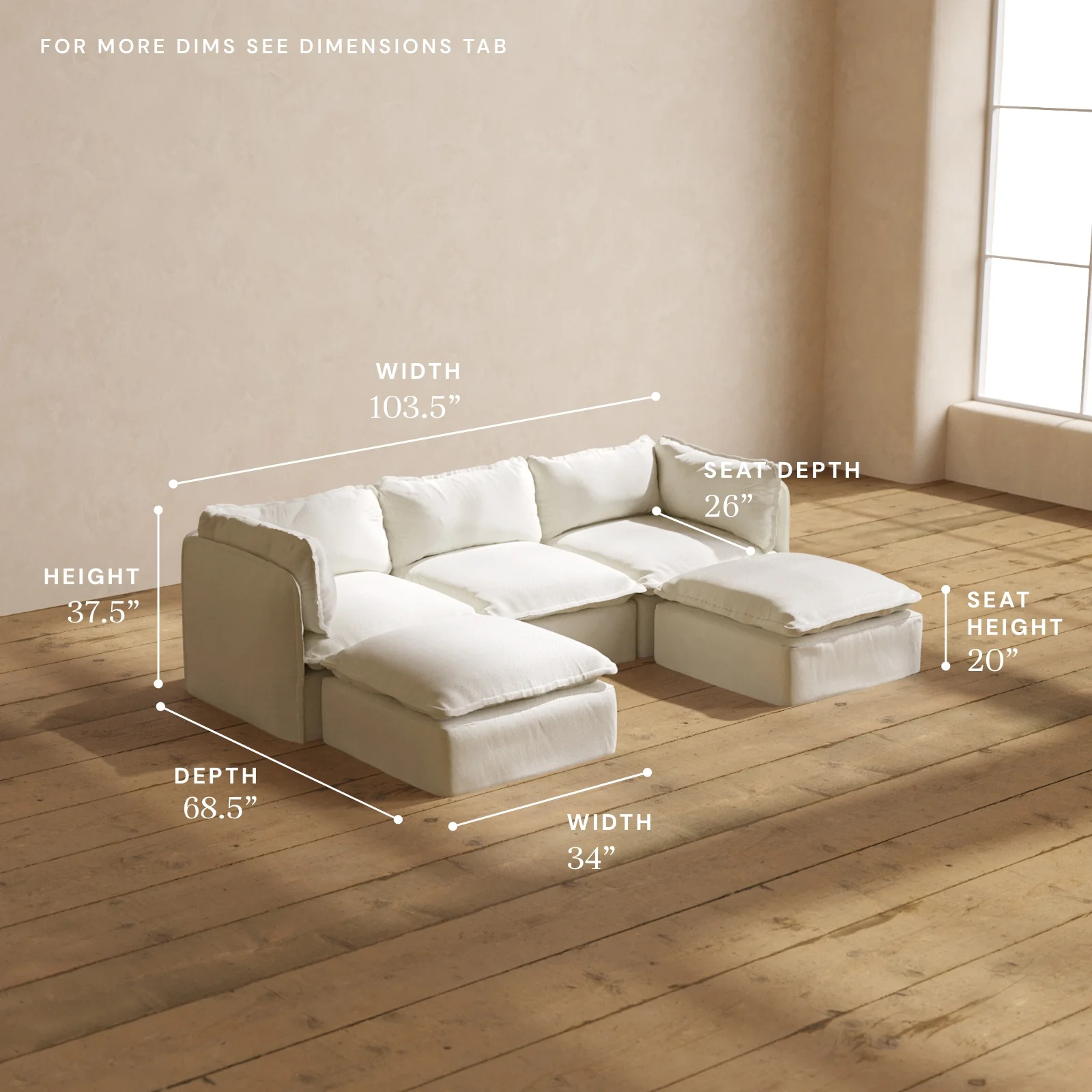 Modular Washable 3-Seater U-Sectional in Eggshell | Memorix+ Seat | Contour Pillow - Image 5