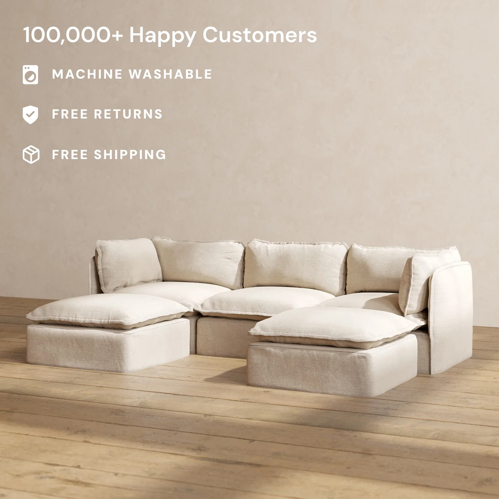 Modular Washable 3-Seater U-Sectional in Oat | Memorix+ Seat | Contour Pillow - Image 2
