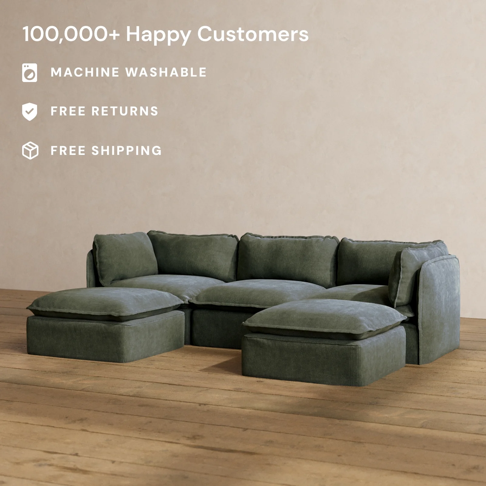 Modular Washable 3-Seater U-Sectional in Olivine | Deluxe+ Seat | Cloud Pillow - Image 2